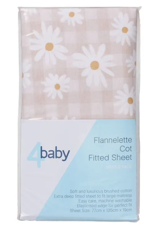 4Baby Fitted Sheet Cot Flannel Checkered Daisy | Baby Bunting AU