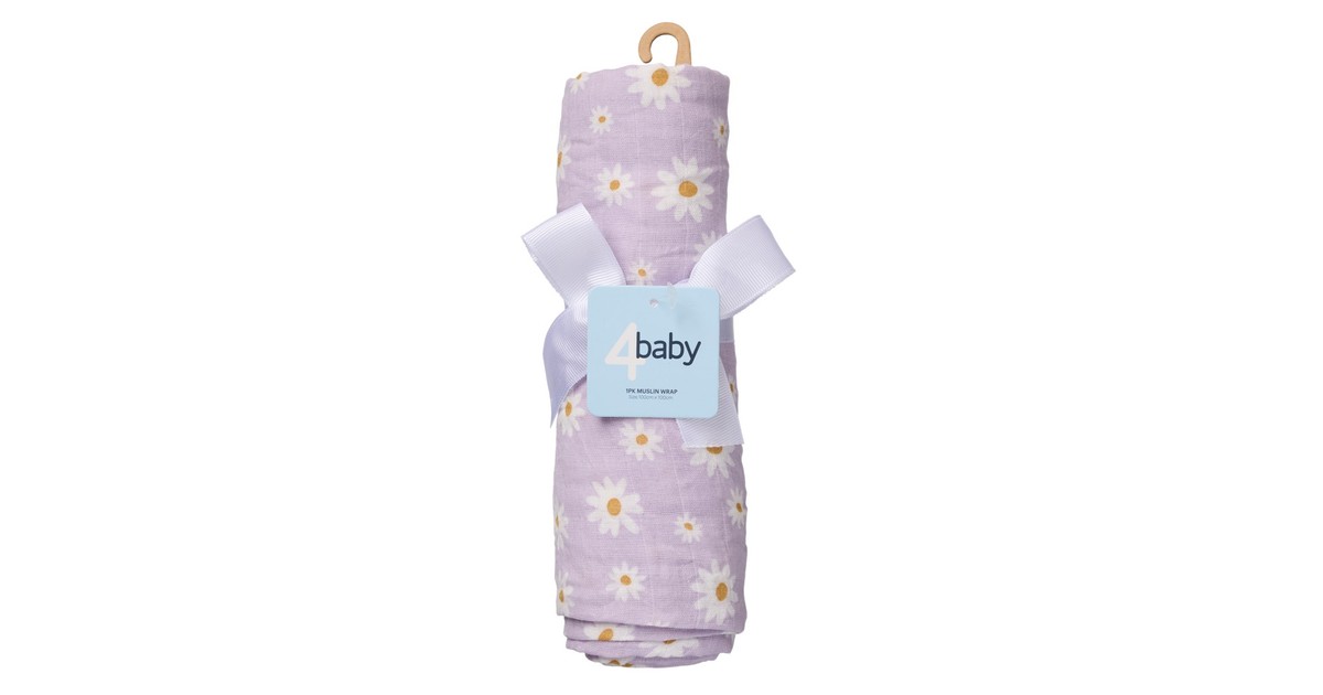 4Baby Muslin Wrap Daisy 1Pk Lilac | Baby Bunting AU