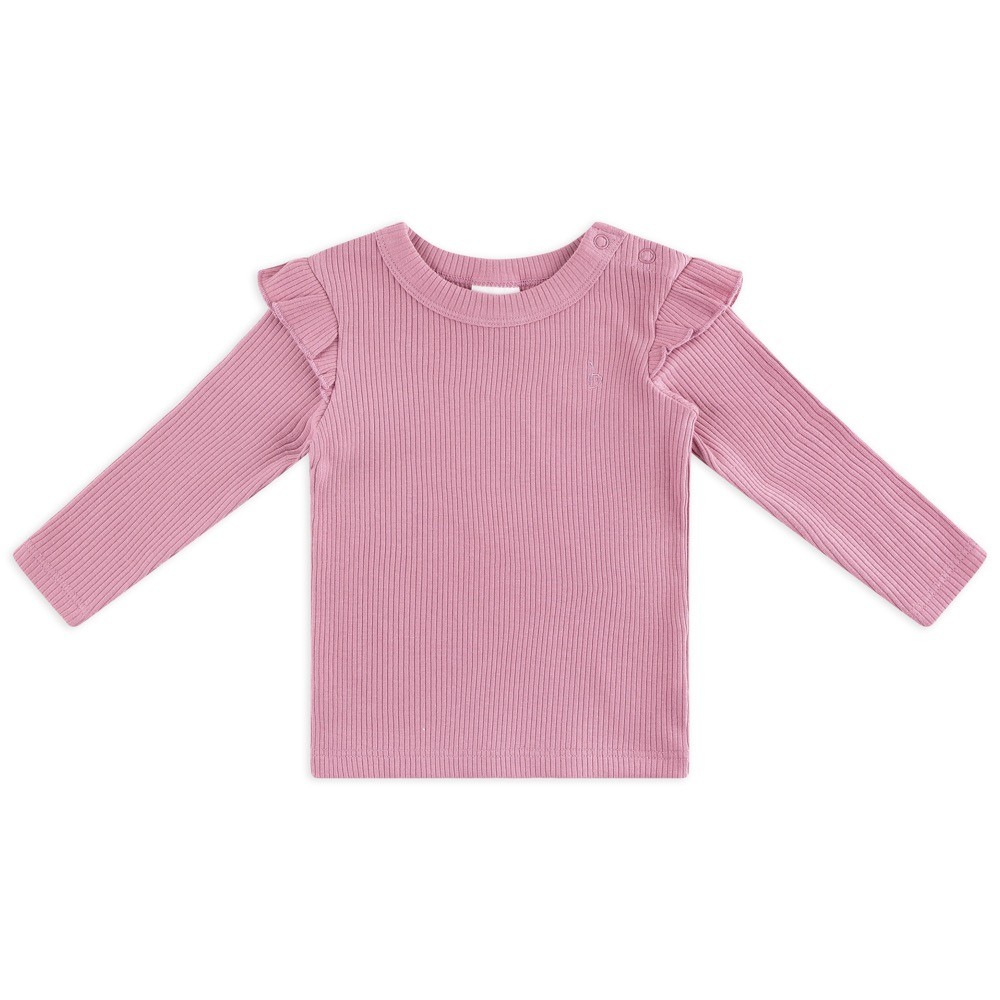 Bilbi Ribbed Organic Long Frill Sleeve Top Mulberry Size 0