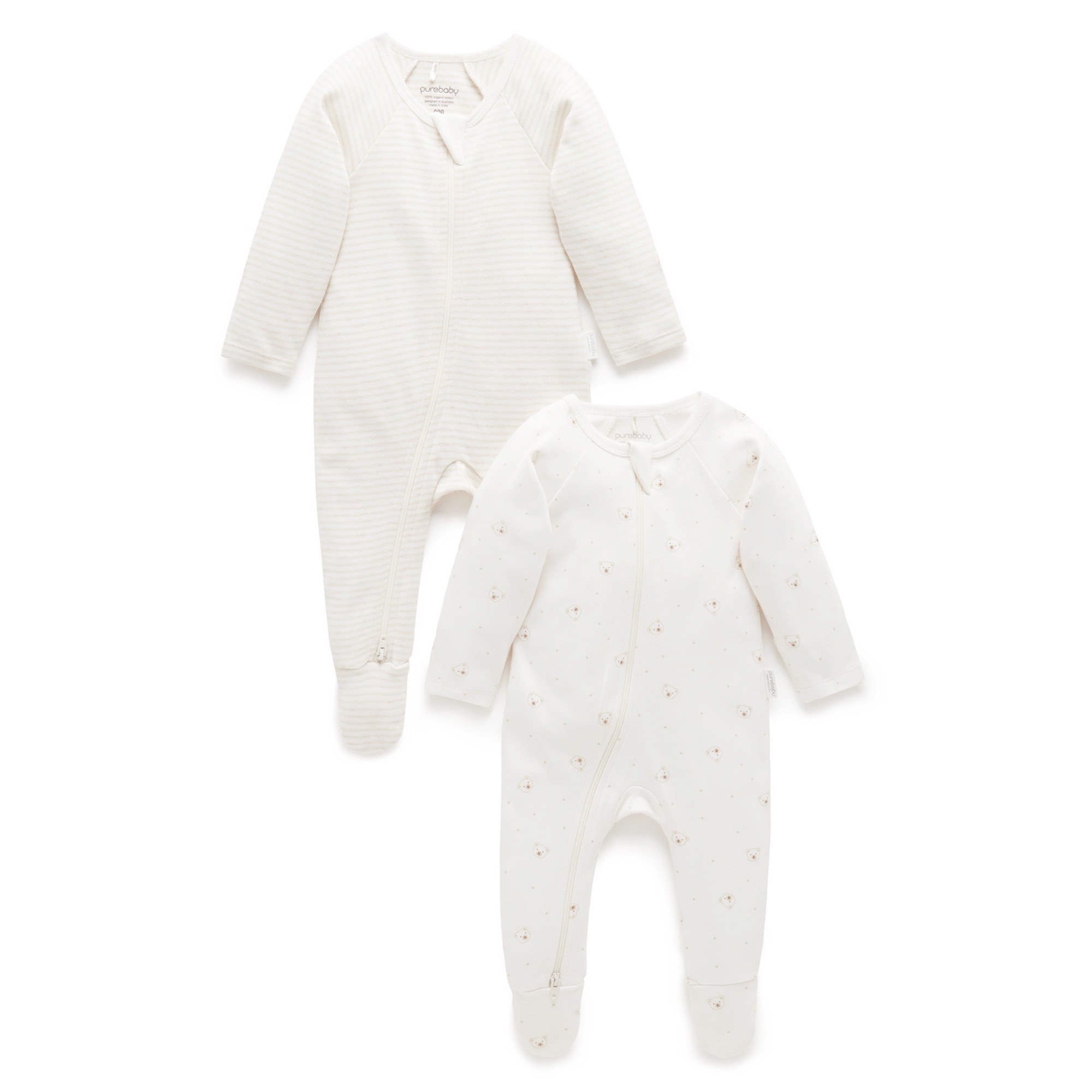 Purebaby Essential Growsuit 2 Pack Vanilla Bear Size 0-3 Months