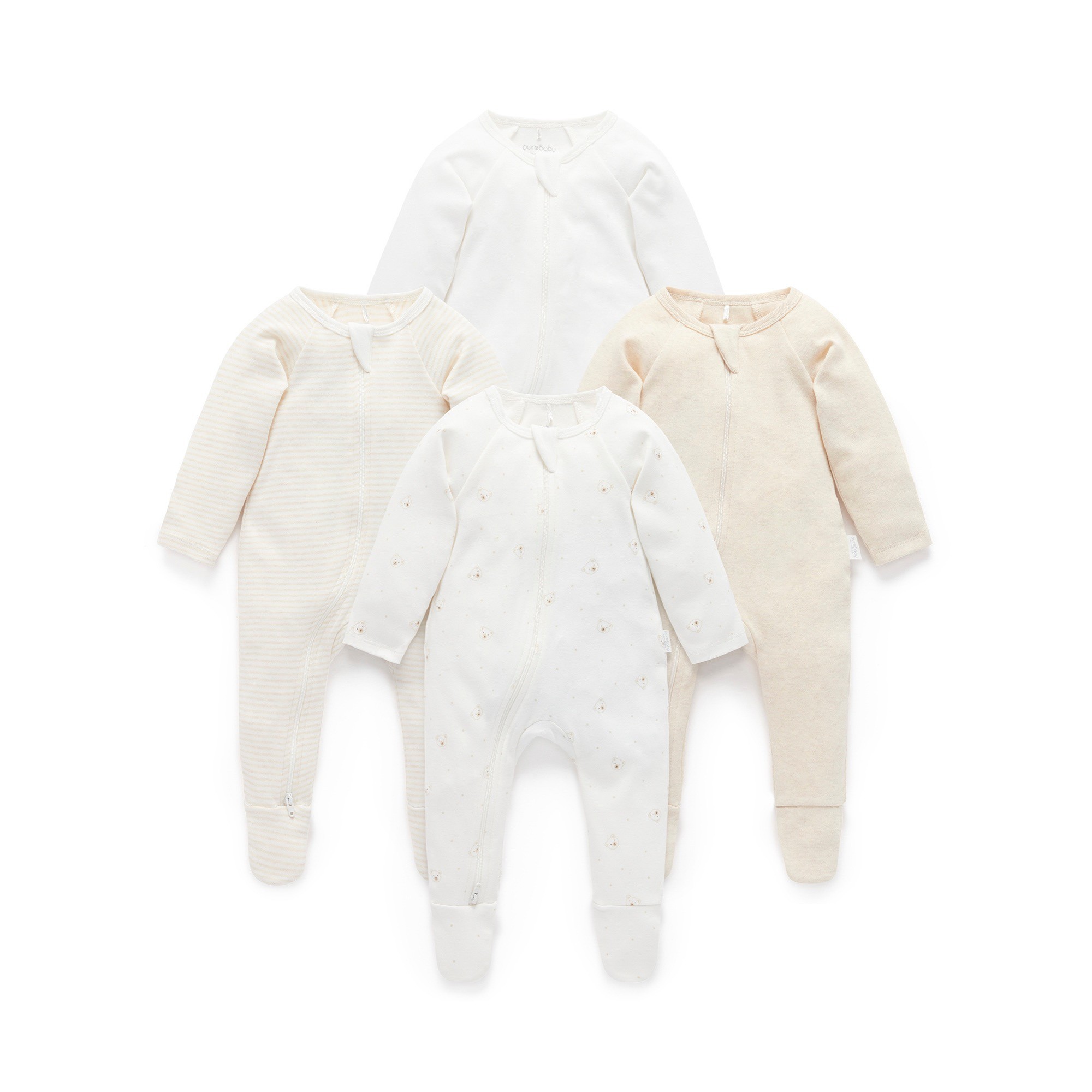 Purebaby Essential Growsuit 4 Pack Vanilla Bear Size 0-3 Months