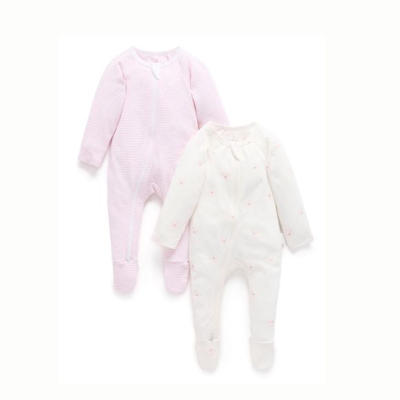 Purebaby Essential Growsuit 2 Pack Pale Pink Bear