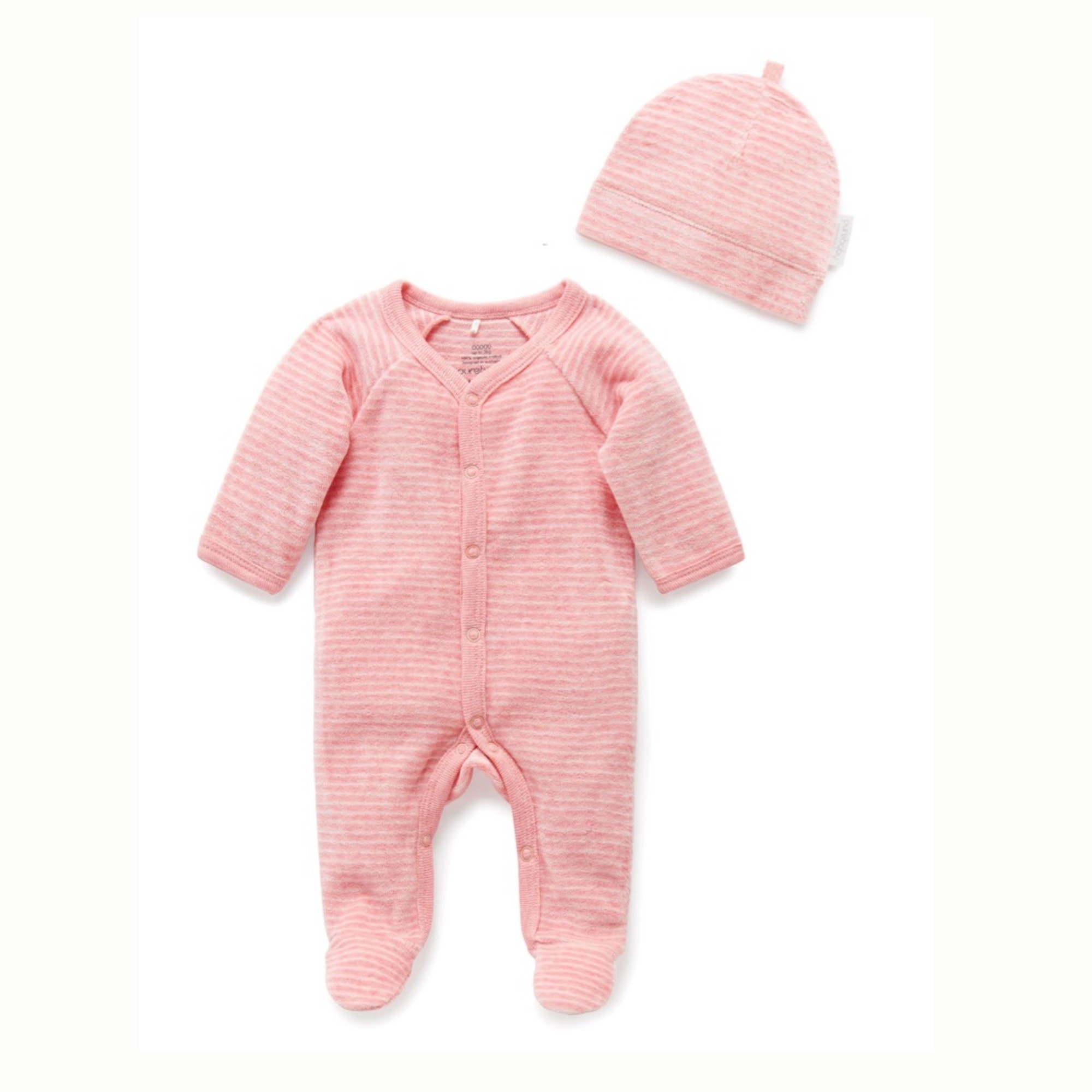Purebaby Premmie Essentials Growsuit & Hat 2 Piece Set Bud Pink Stripe Size 2kg