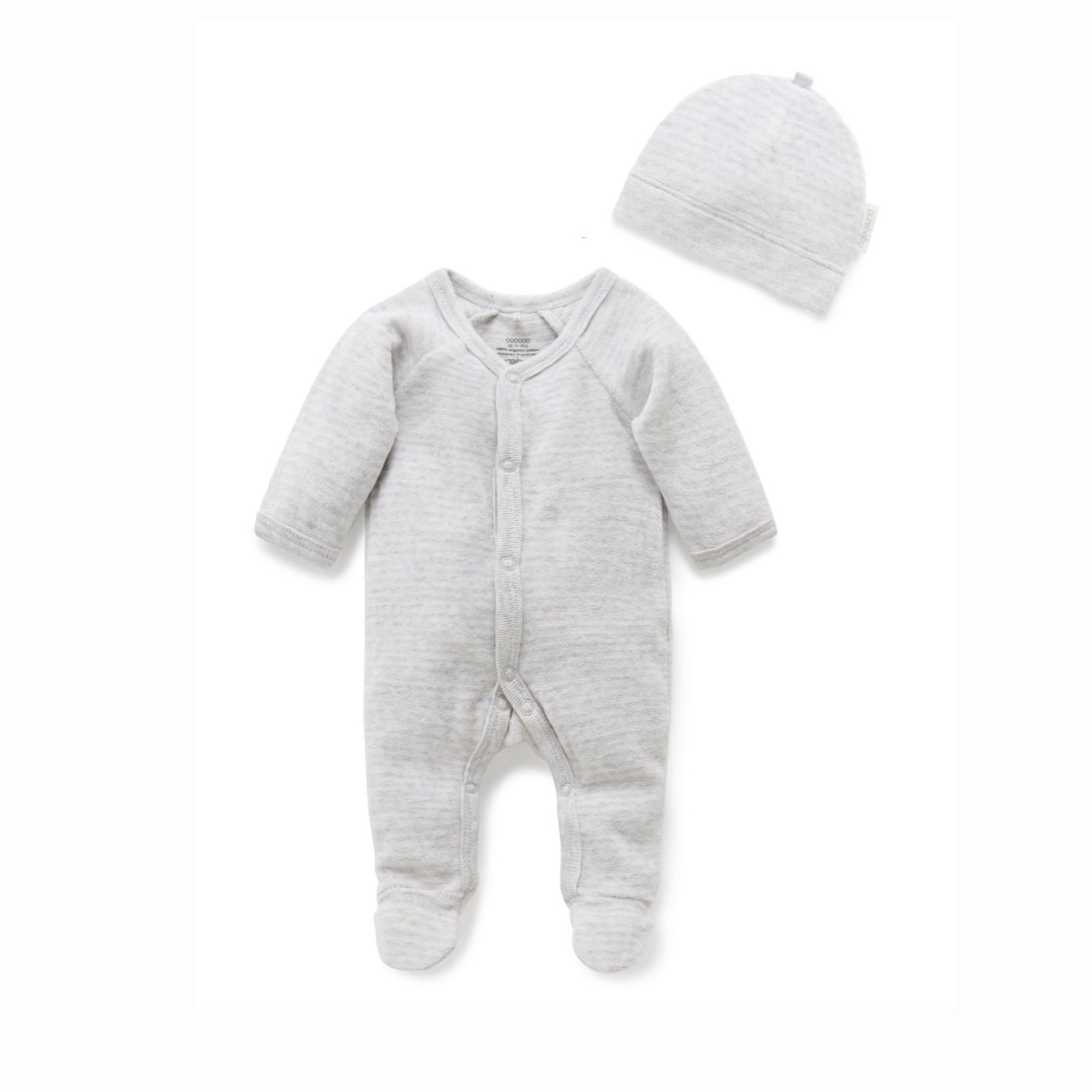 Purebaby Premmie Essentials Growsuit & Hat 2 Piece Set Pale Grey Stripe Size 2kg