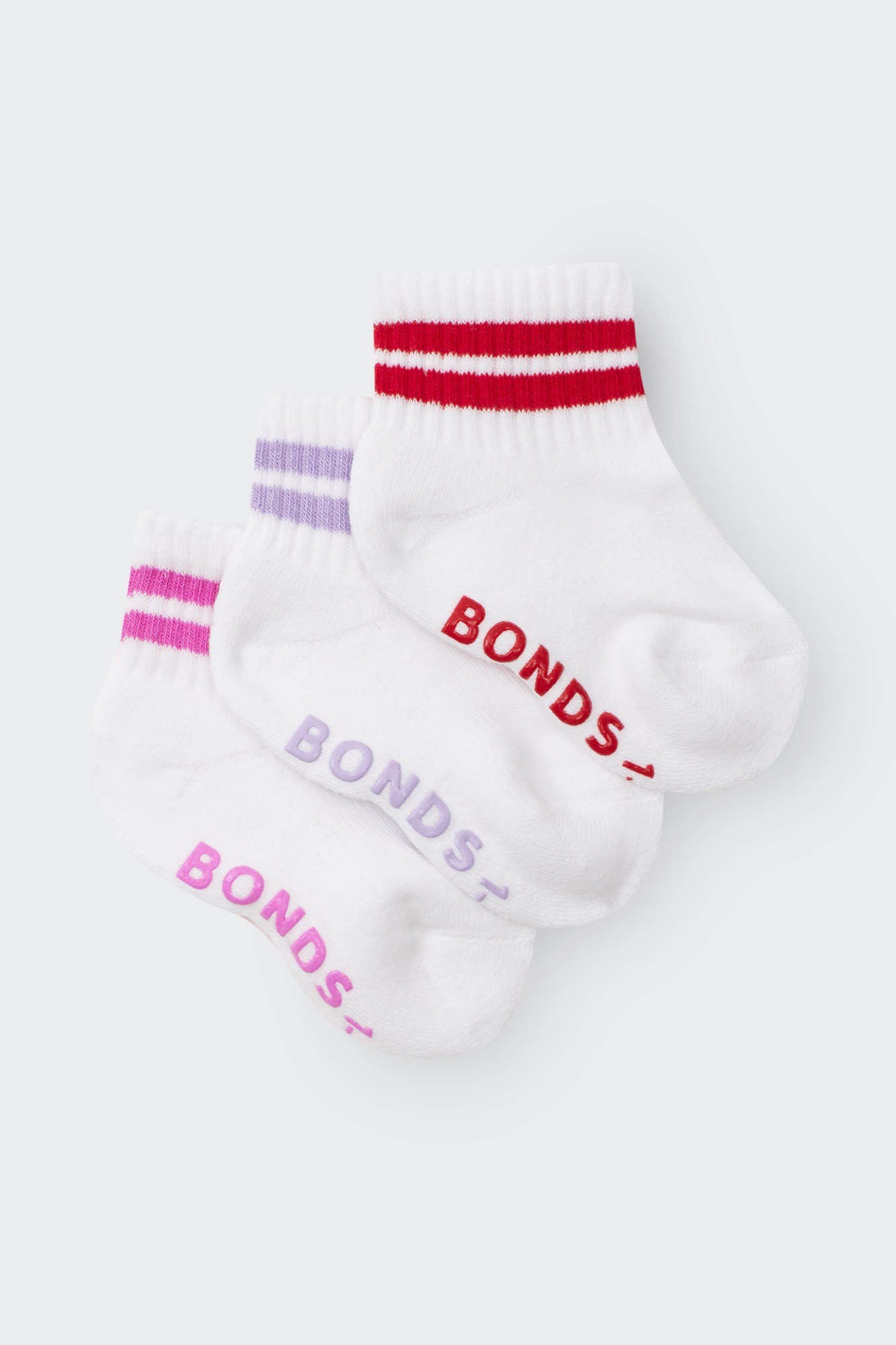 Bonds Logo Stripe Quarter Crew Sock 3 Pack Pink Size 5-8