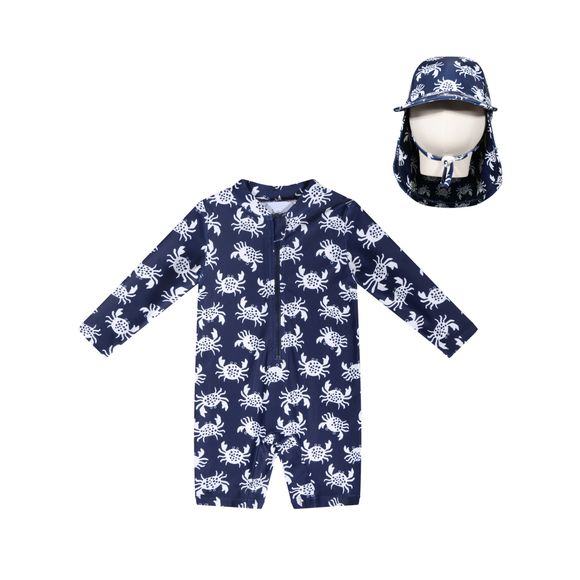 Bilbi Baby Ripple Sunsuit & Swim Hat Set Navy Crab