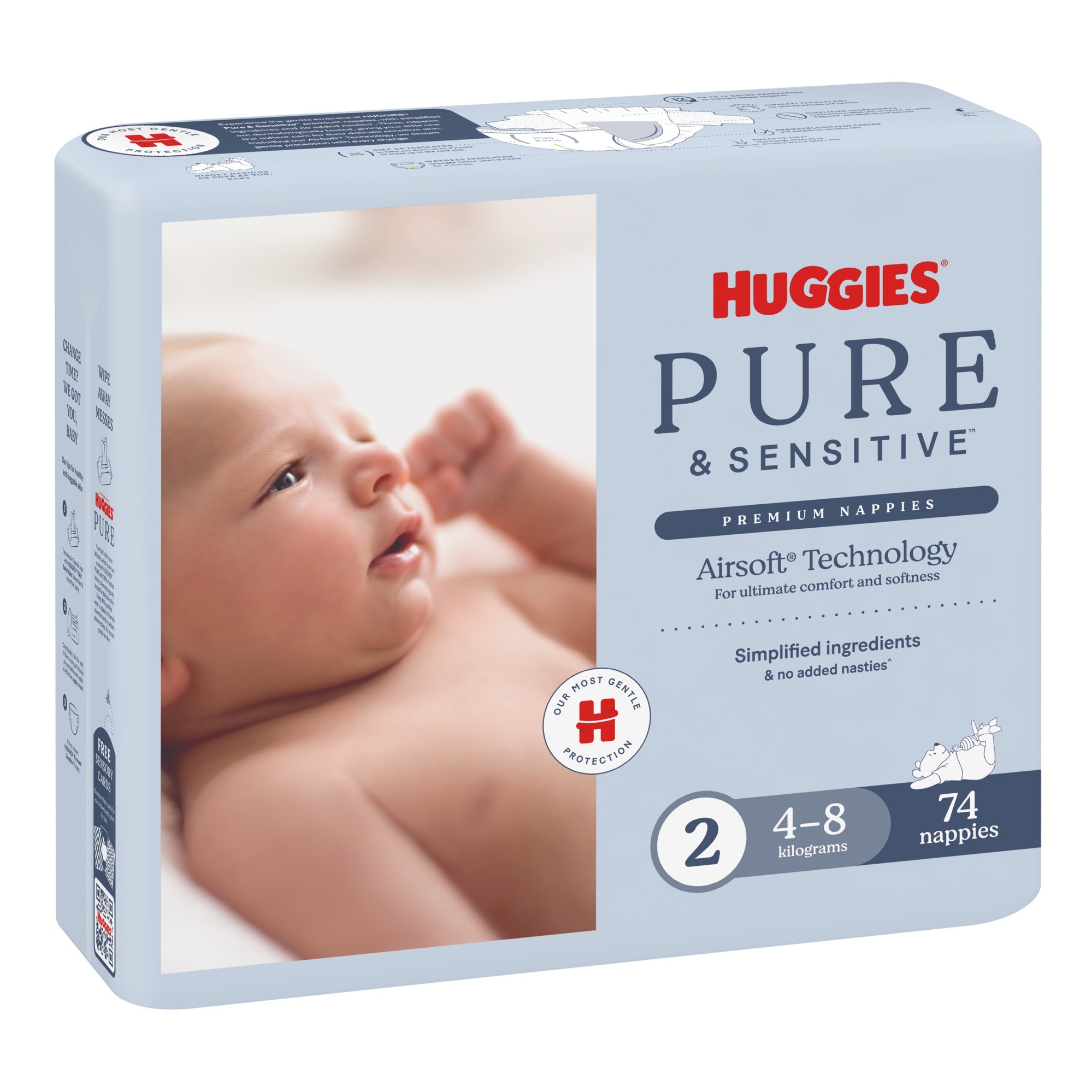 Huggies Pure & Sensitive Nappies 74 Pack Size 2