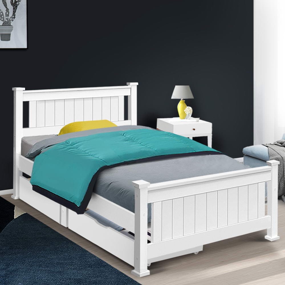 Artiss Single Size Wooden Bed Frame with Drawers White Beds Baby
