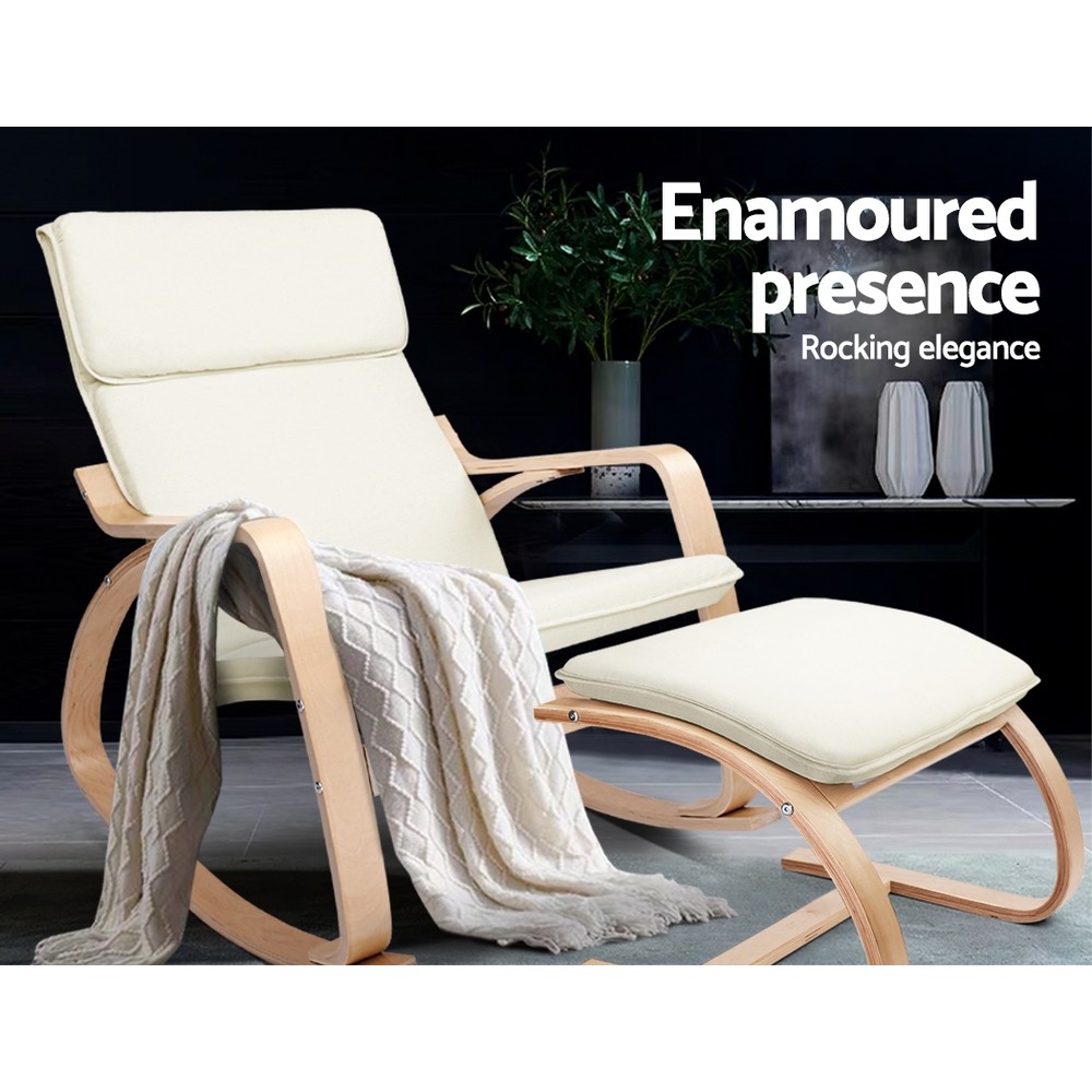 Artiss Bentwood Rocking Armchair with Foot Stool Beige Glider