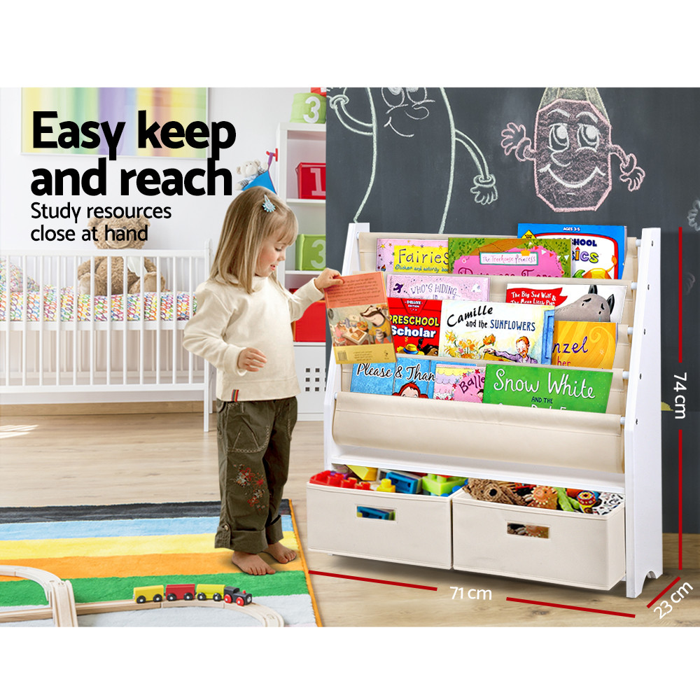 Keezi 4 Tiers Kids Wooden Bookshelf Toy Organiser White Bookcases