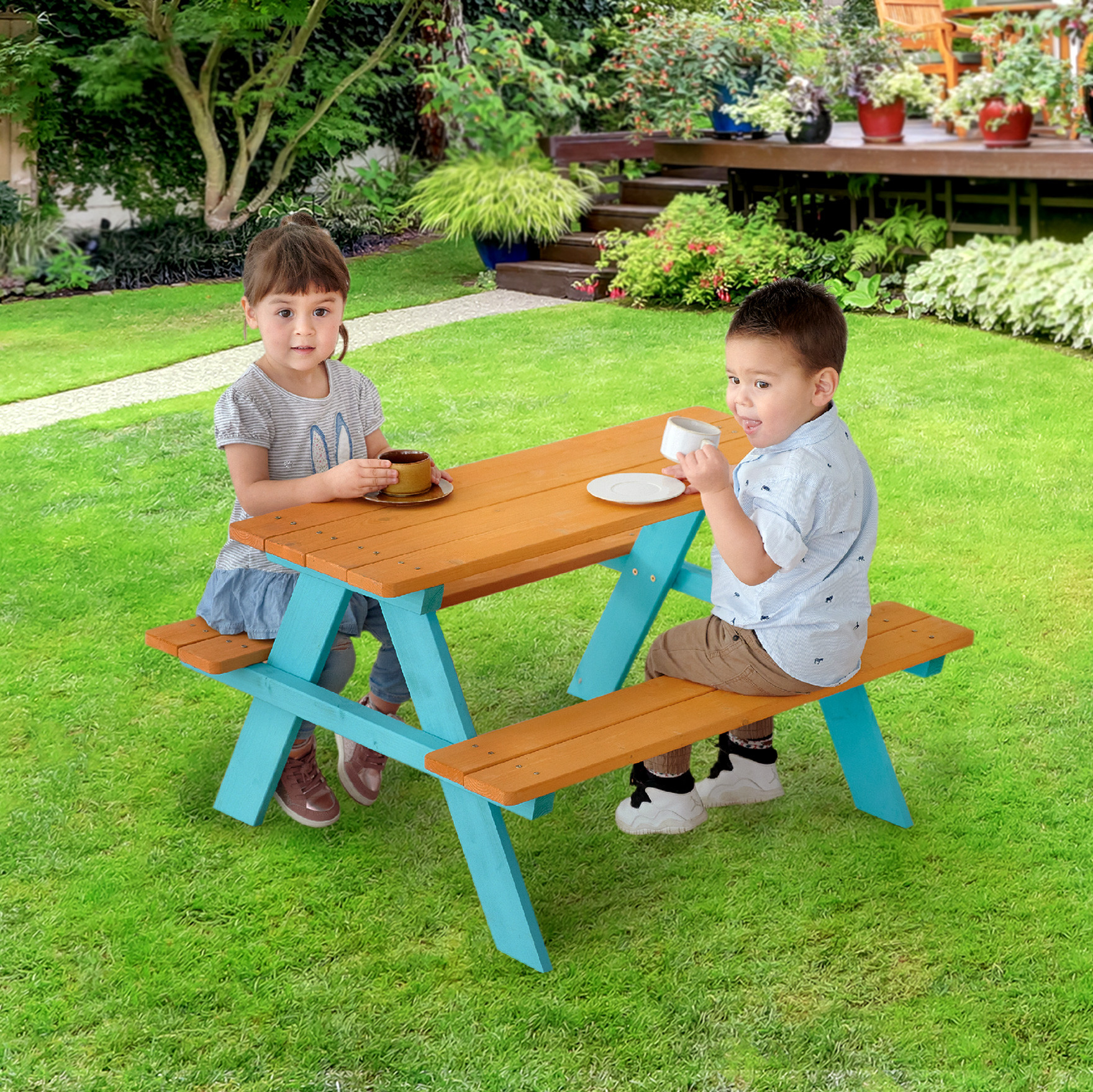 Teamson Kids Outdoor Picnic Table Chair Set Wood Aqua Play sets Baby Bunting AU