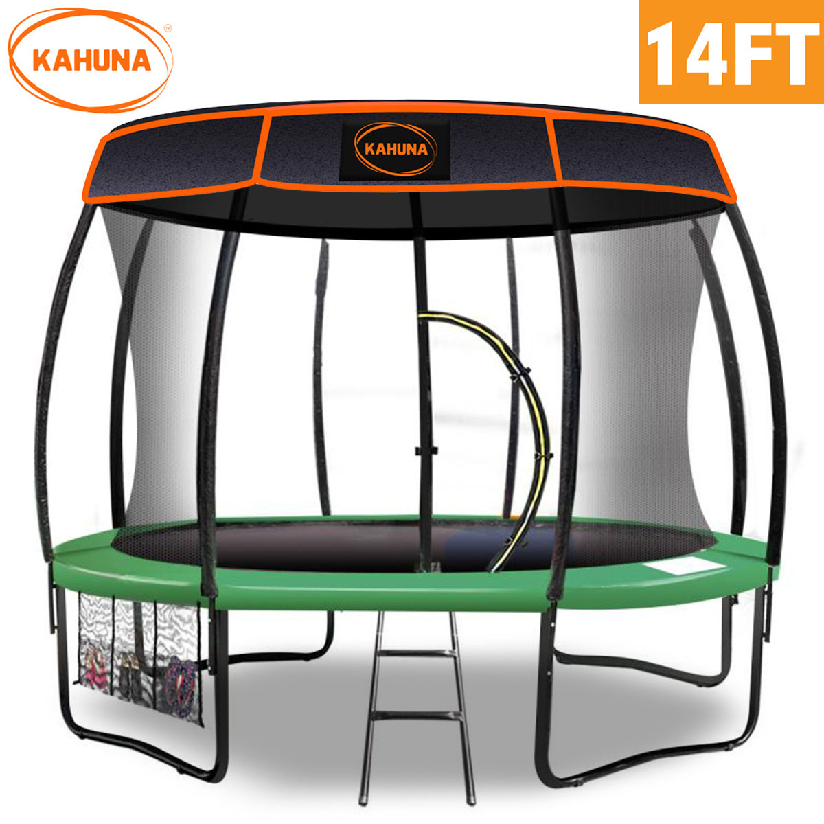 Kahuna Trampoline 14 ft with Basketball Set Roof Green Trampolines Baby Bunting AU