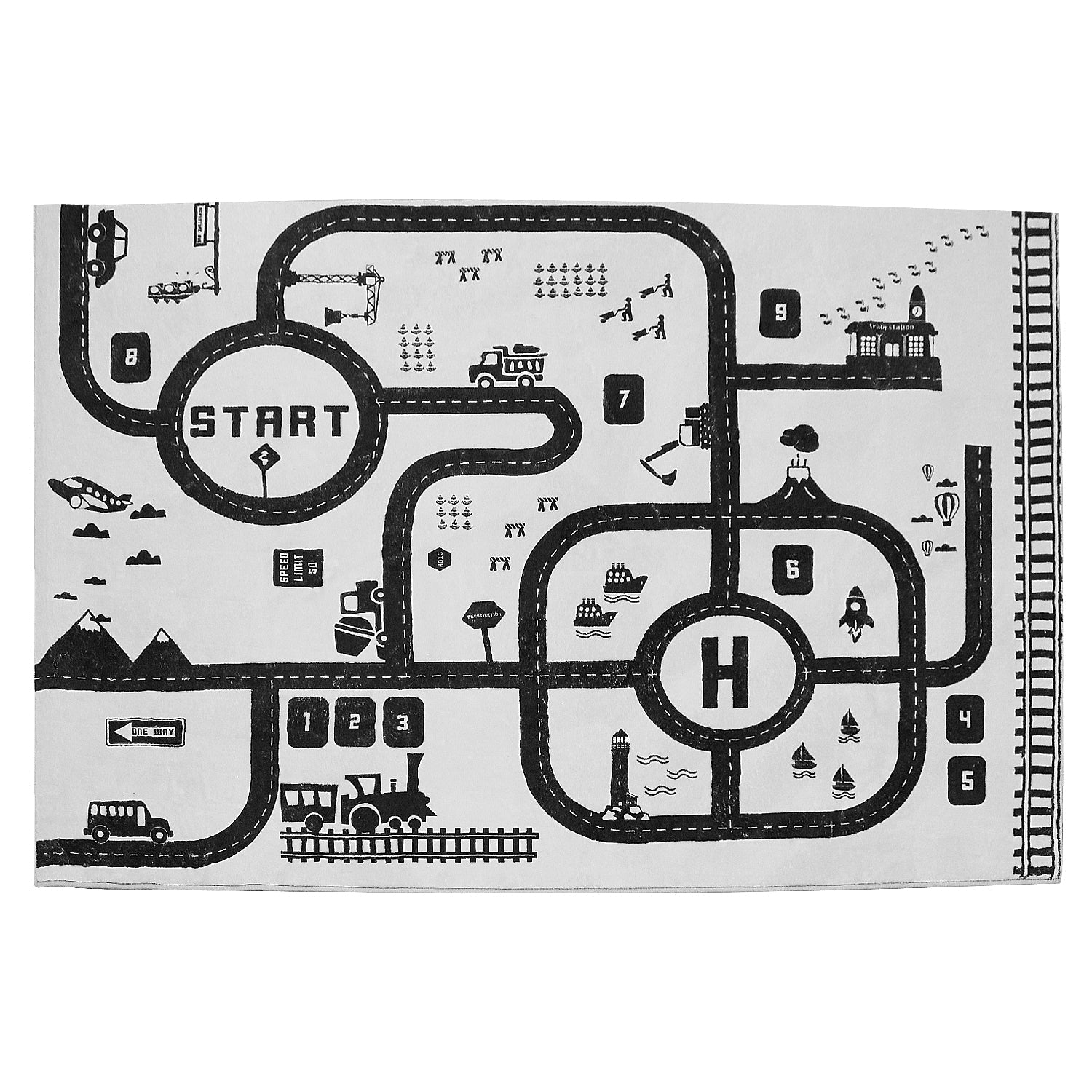 Oli and Ola Kids Racing Adventure Rug Black White Play Mats & Rugs
