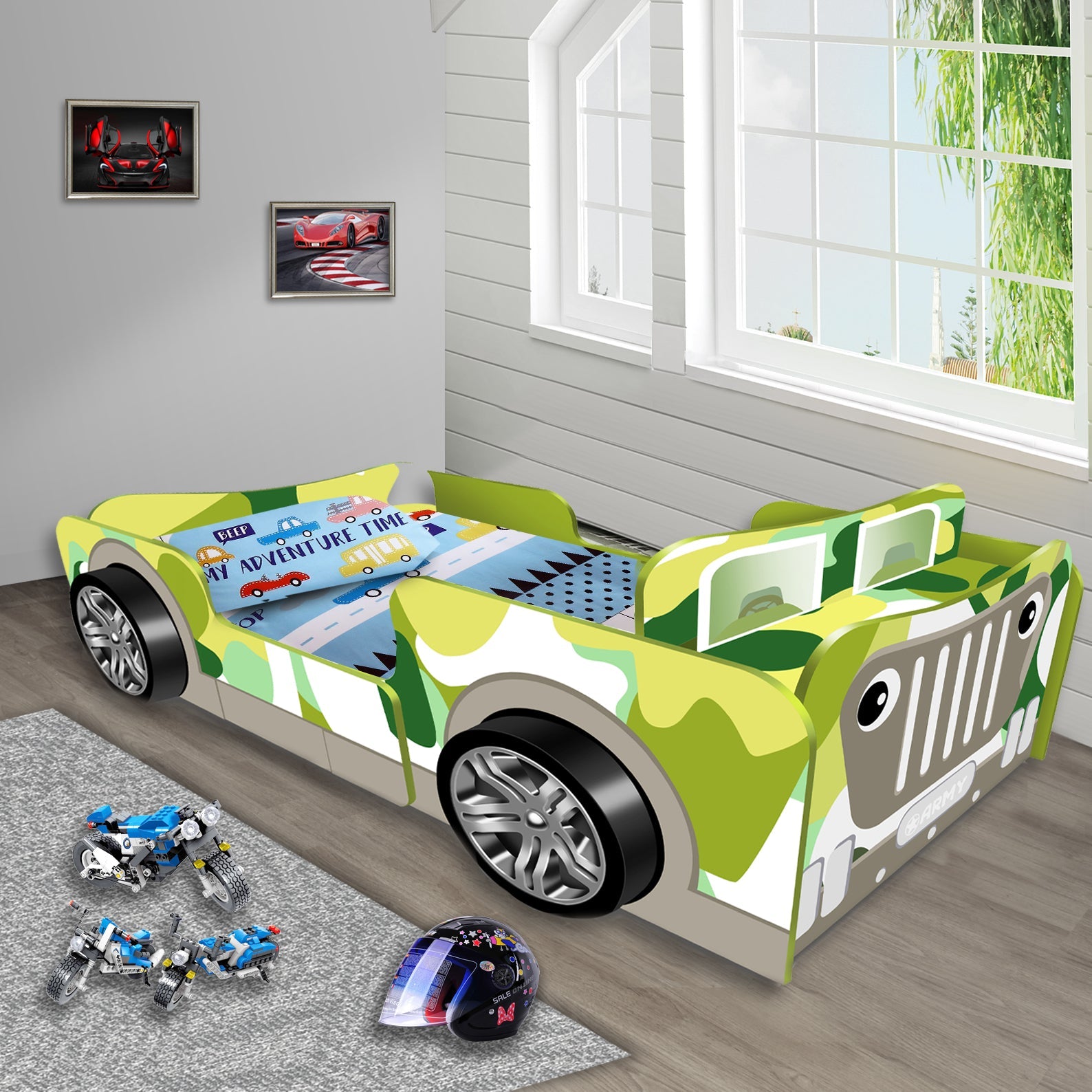 Oli and Ola Kids Jeep Racing Car Bed - Camo Green | Beds | Baby Bunting AU