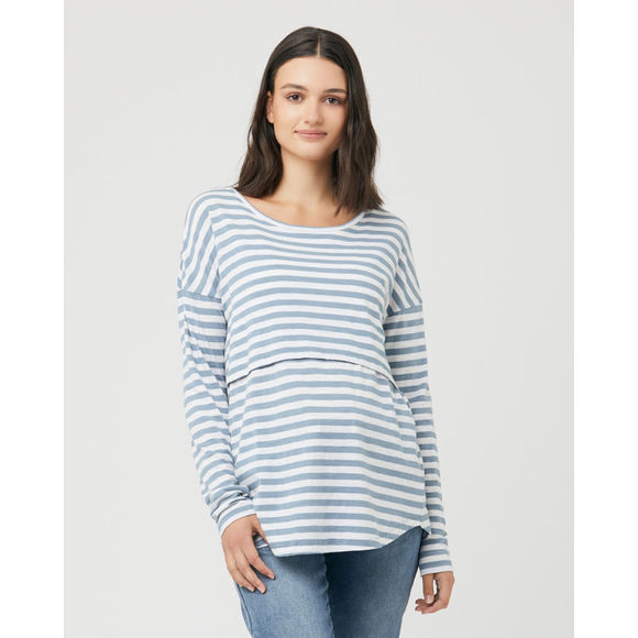 Ripe Maternity Lionel Long Sleeve Nursing Tee Petrol / White
