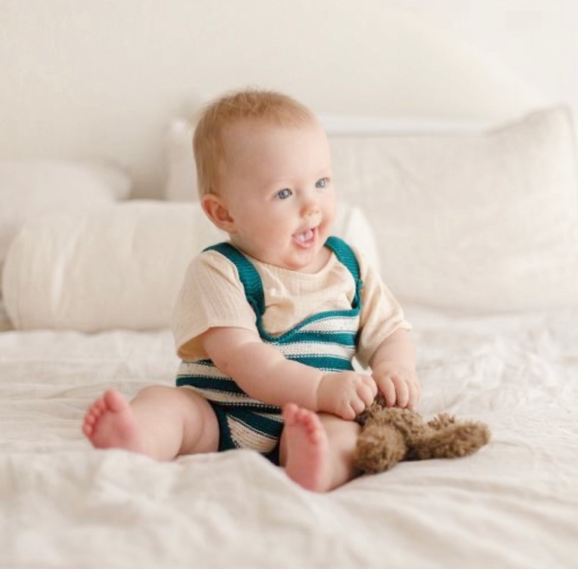 Ponchik Babies + Kids Knitted Stripe Romper Peacock Speckle Knit