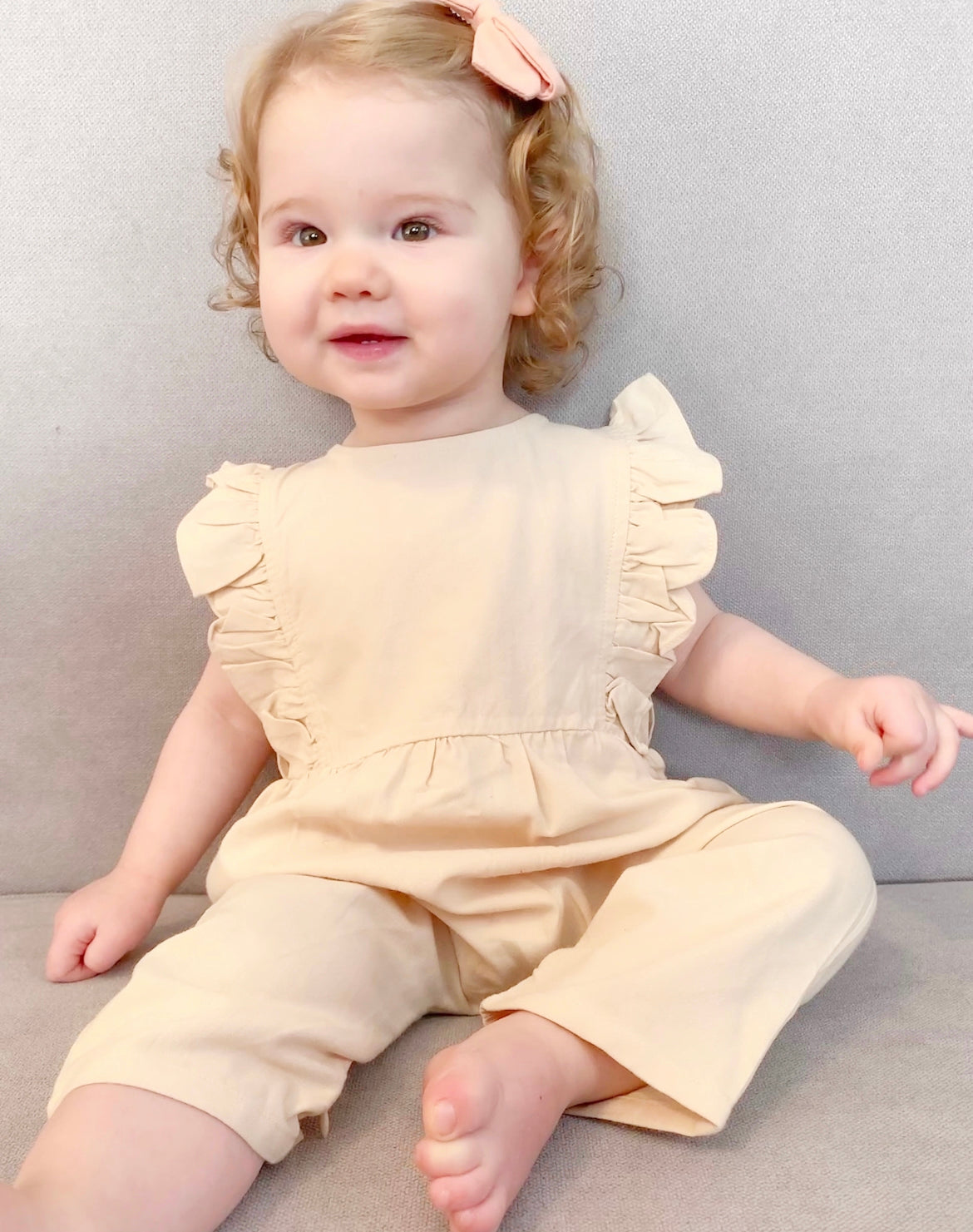 Ponchik Babies + Kids Linen Ruffle Overalls Wheat Baby Onesies