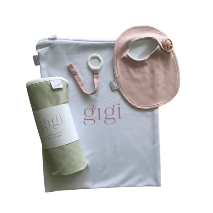 Gigi Baby Gift Set - Blush Bib & Sage Baby Wrap + Vanilla Blush Accessory Teether
