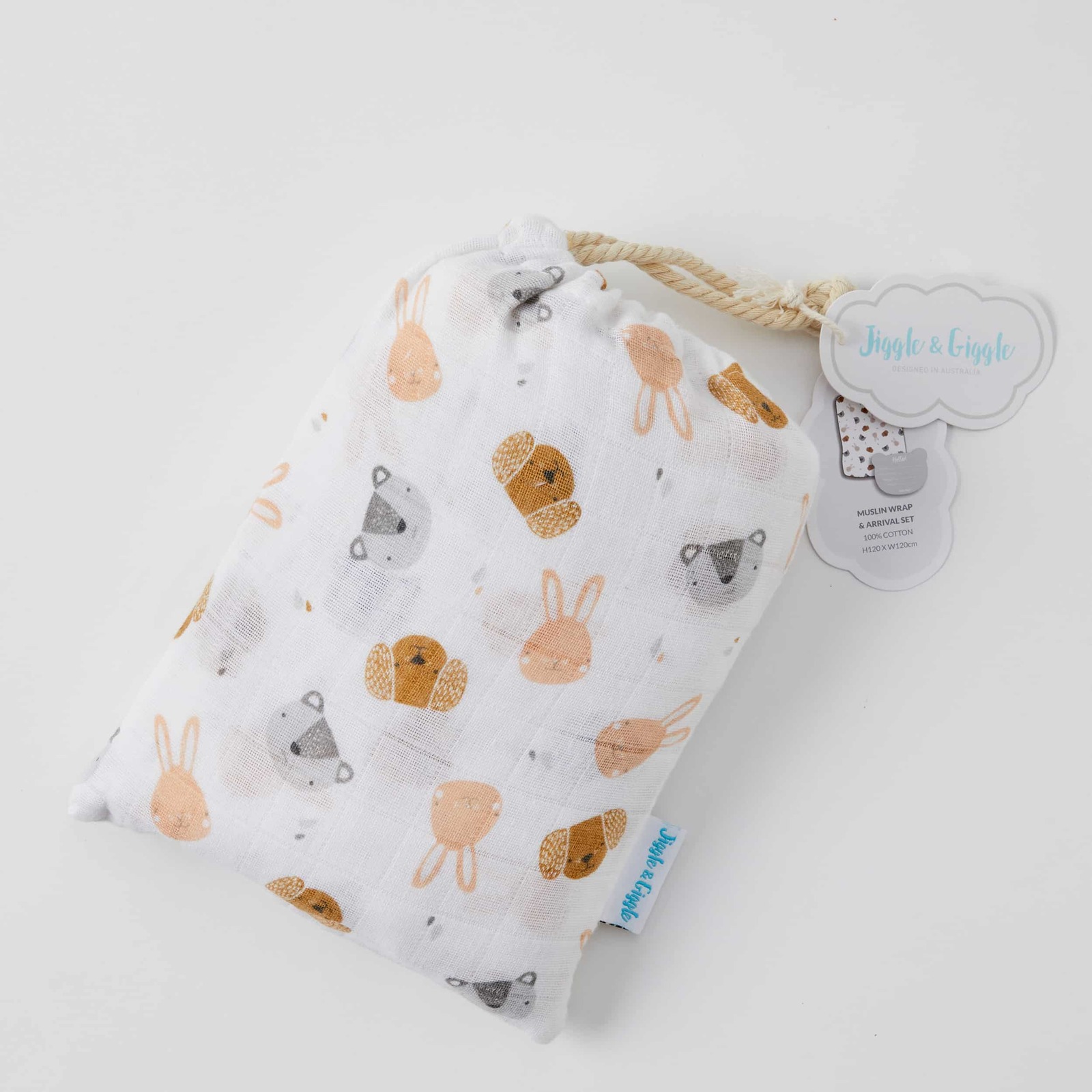 Jiggle & Giggle Baby Cotton Muslin Wrap & Arrival Card with Bag