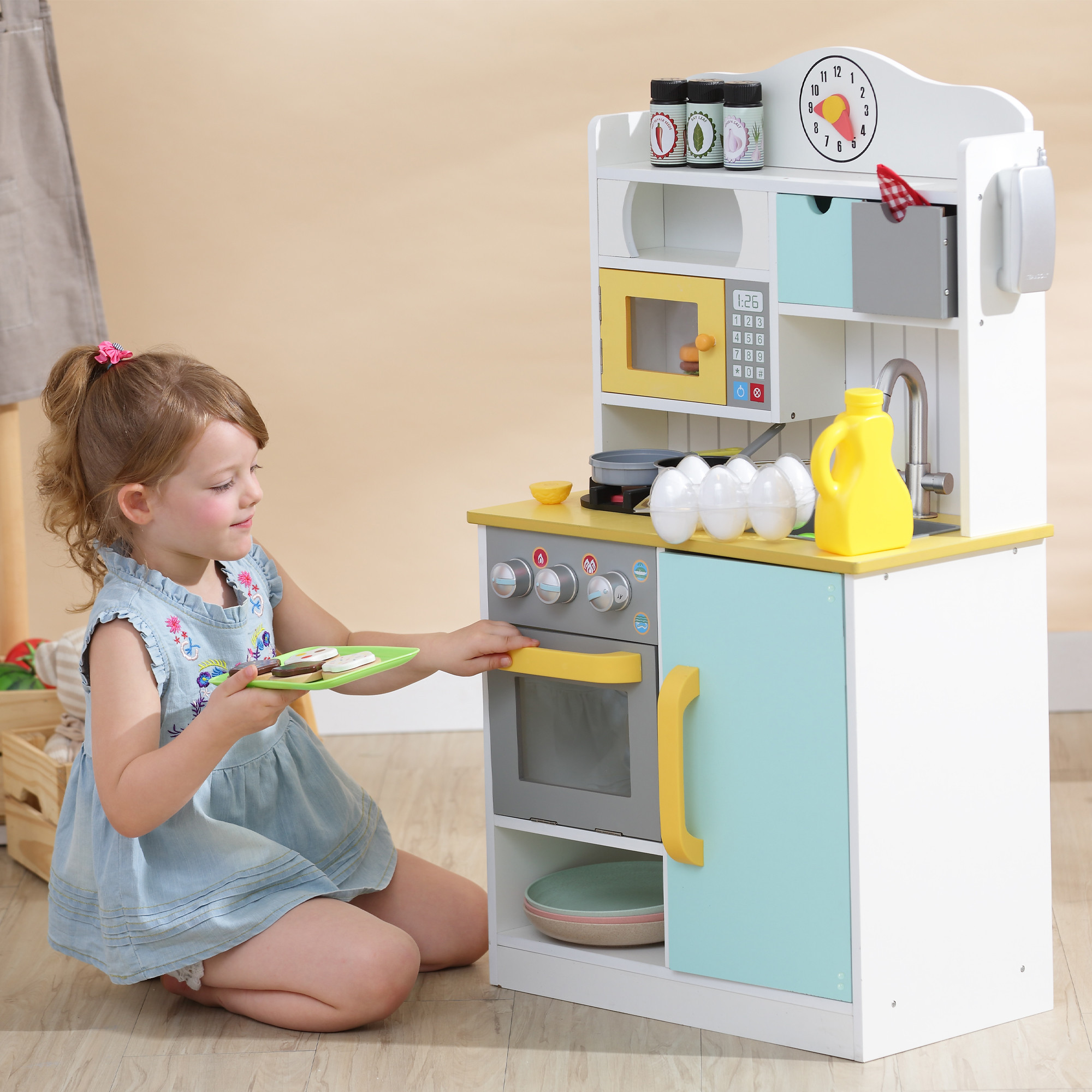 Teamson Kids Little Chef Florence Classic Play Kitchen White Green Yellow Cooking Baby Bunting AU