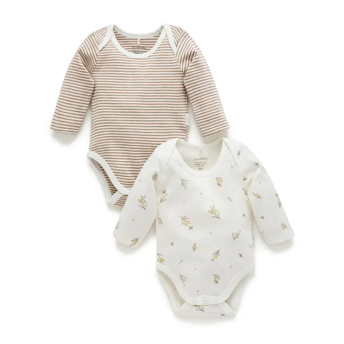 Purebaby Easy Neck Long Sleeve Bodysuit Vanilla Wattle Bee - 2 Pack