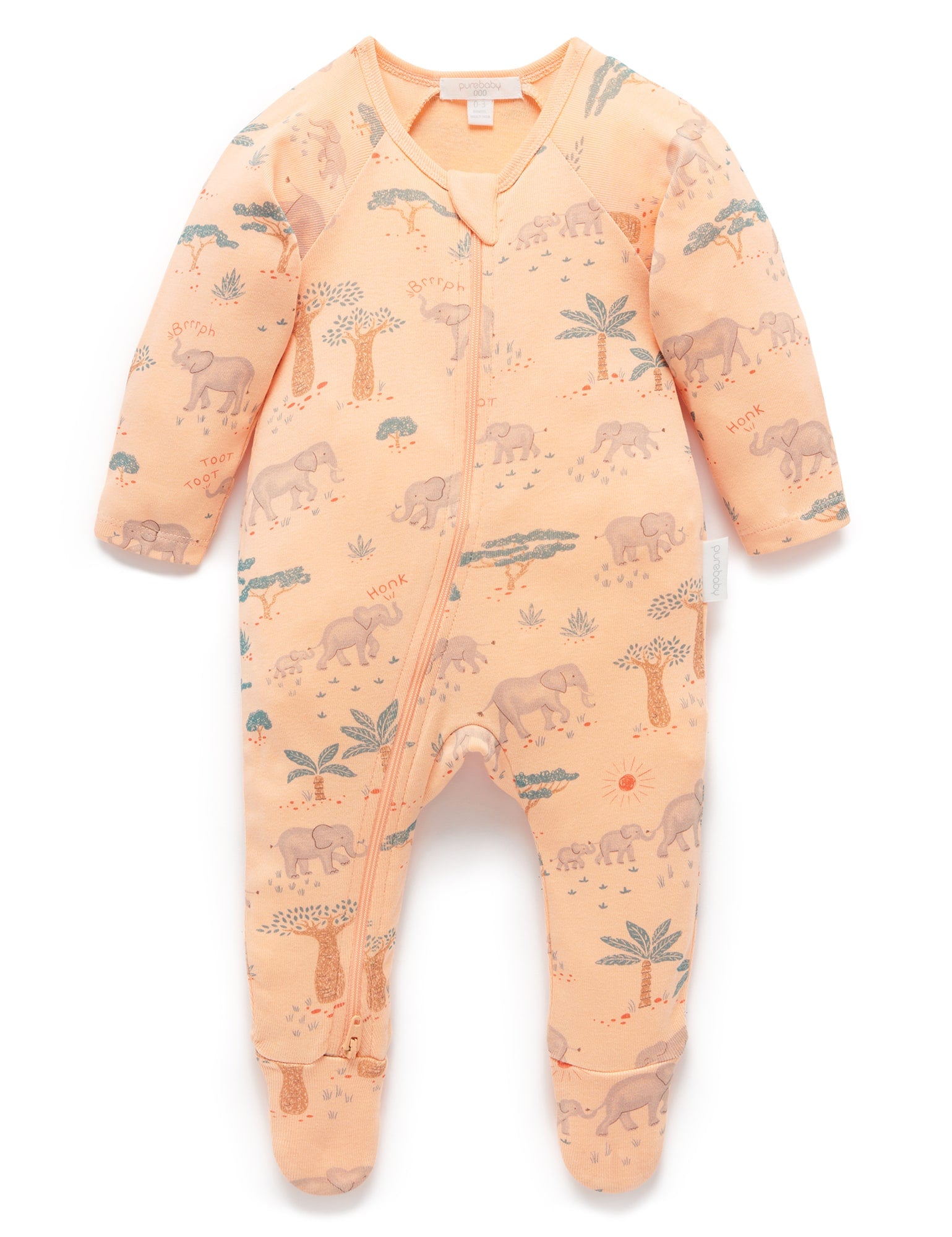 Purebaby Printed Zip Growsuit Elephant Herd Print Baby Onesies Baby