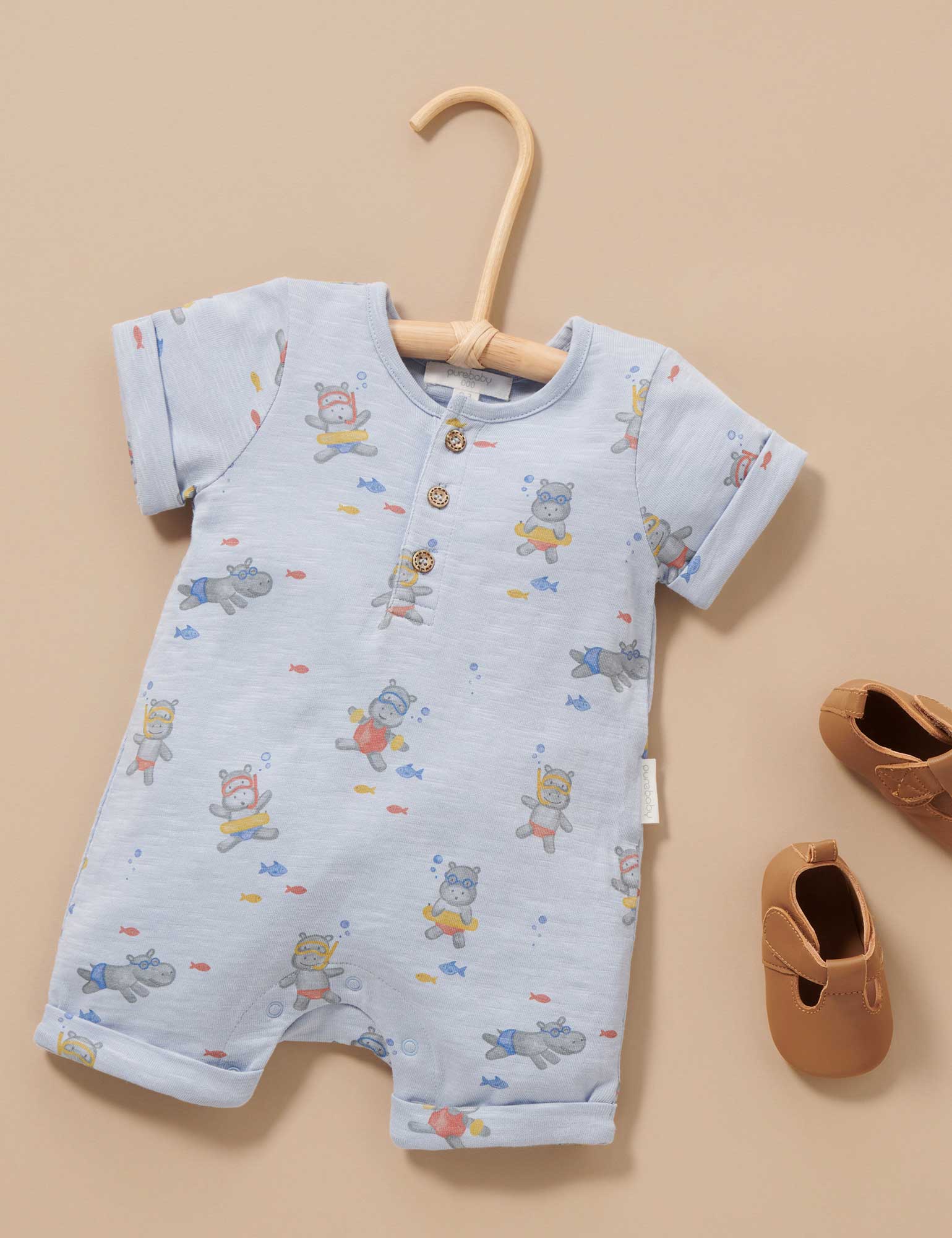 Purebaby Hippo Henley Growsuit Hippo Print | Baby Onesies | Baby Bunting AU