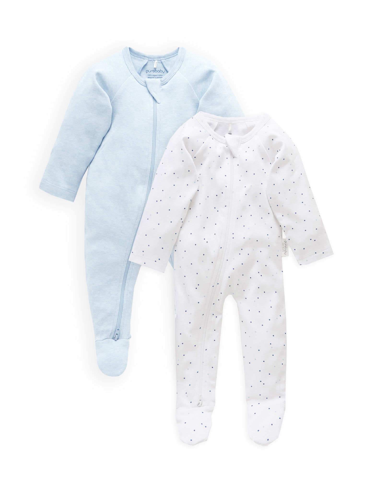 Purebaby Zip Growsuit Pale Blue Spot/Soft Blue Mel - 2 Pack | Baby ...