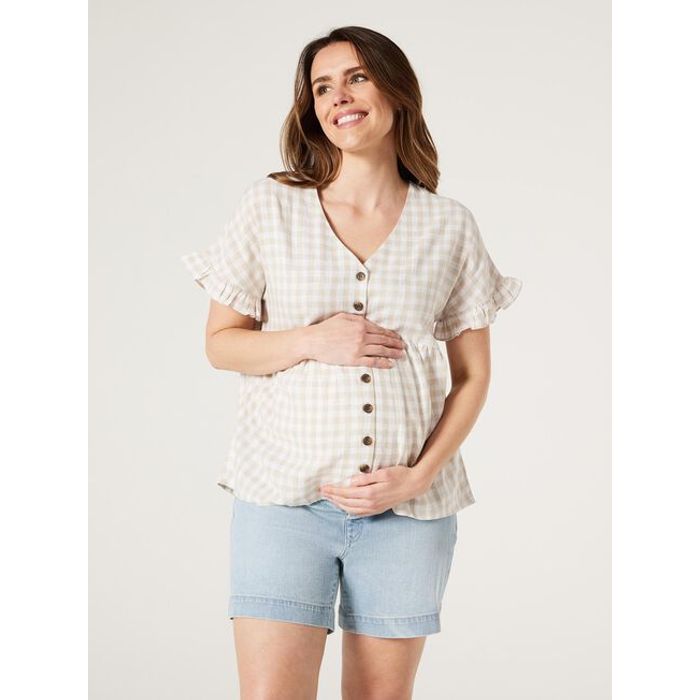 Jeanswest Connie Maternity Button Through Top - Oatmeal Gingham