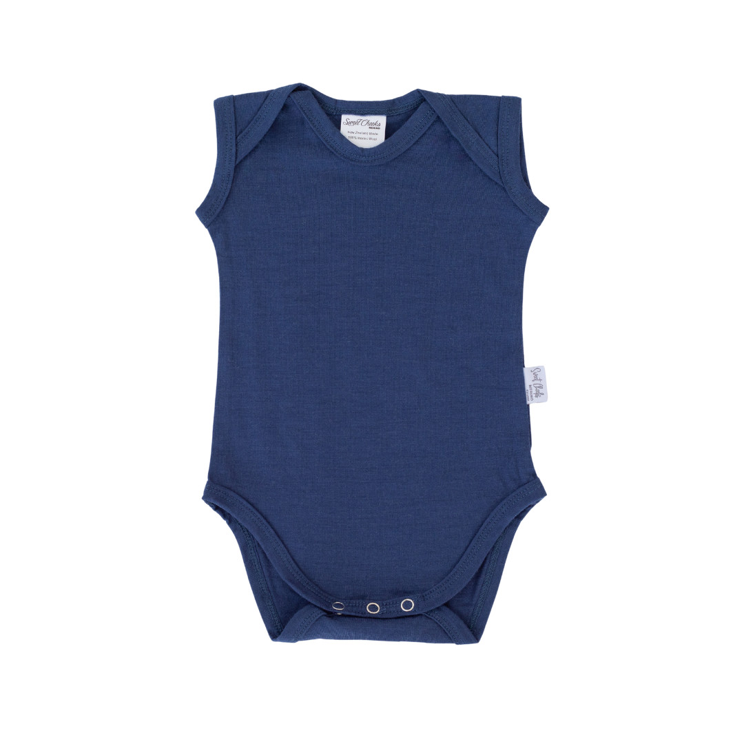Sweet Cheeks Merino Baby Merino Wool Singlet Bodysuit Navy