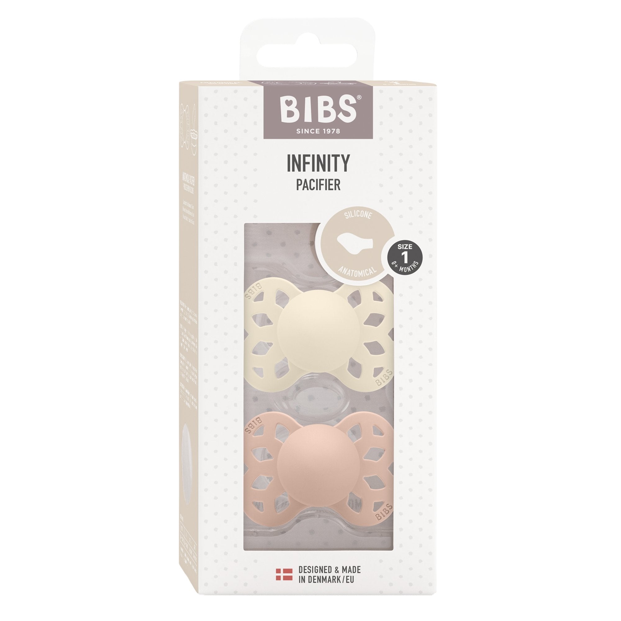 BIBS Infinity Anatomical S1 Dummy Ivory/Blush 2 Pack Baby Bunting AU