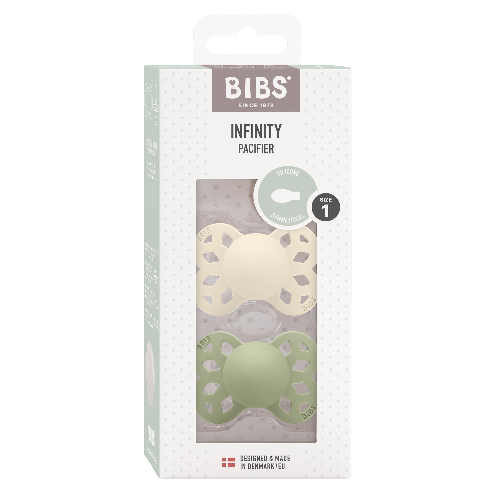 BIBS Infinity Symmetrical S1 Dummy Ivory/Sage 2 Pack Soothers