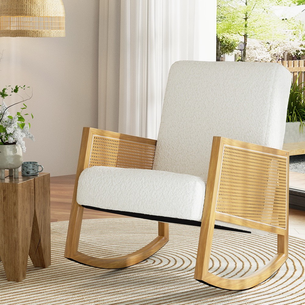 Artiss Boucle Rocking Armchair White and Wood Glider Chairs