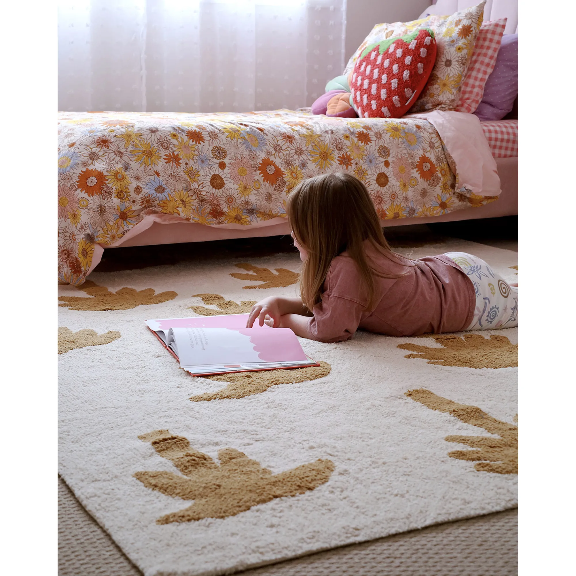 Miss Amara Saffron Mustard Brown Palm Tree Cotton Washable Rug