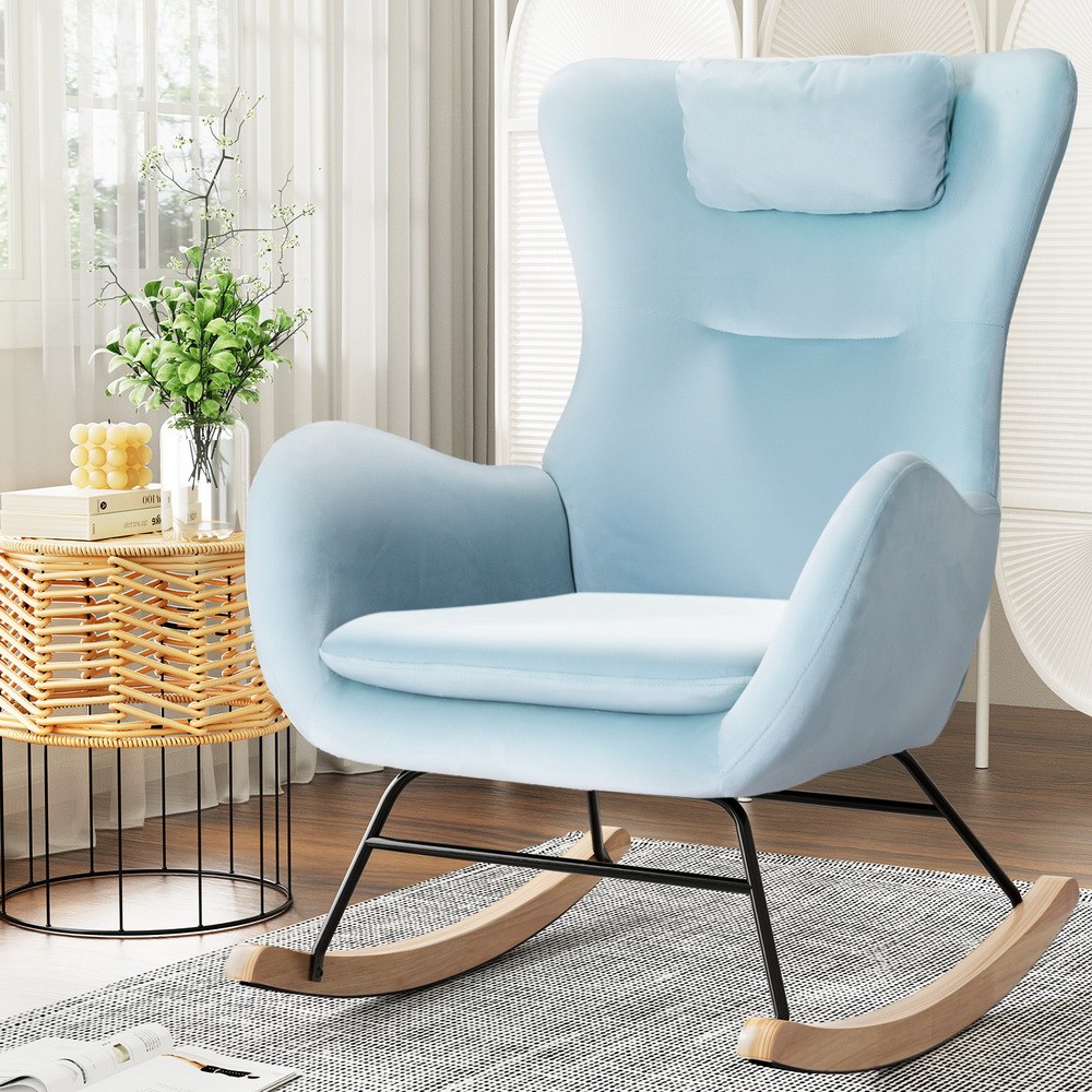 Artiss Rocking Chair Velvet Armchair Feeding Chair Blue Glider Chairs
