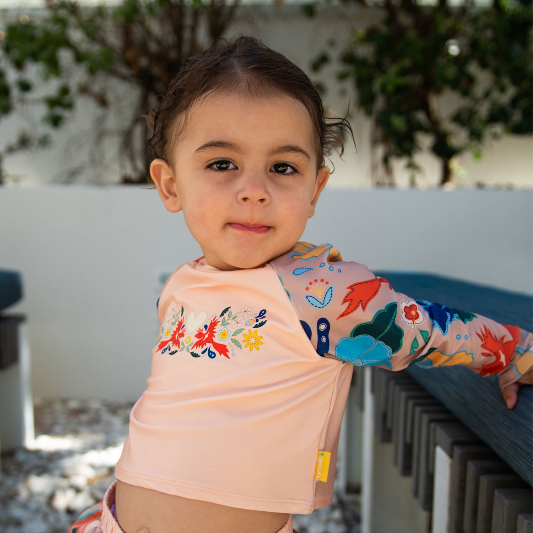 Tyoub Swimwear Girls Kids Long Sleeved Cropped Rash Vest Phoenix Print