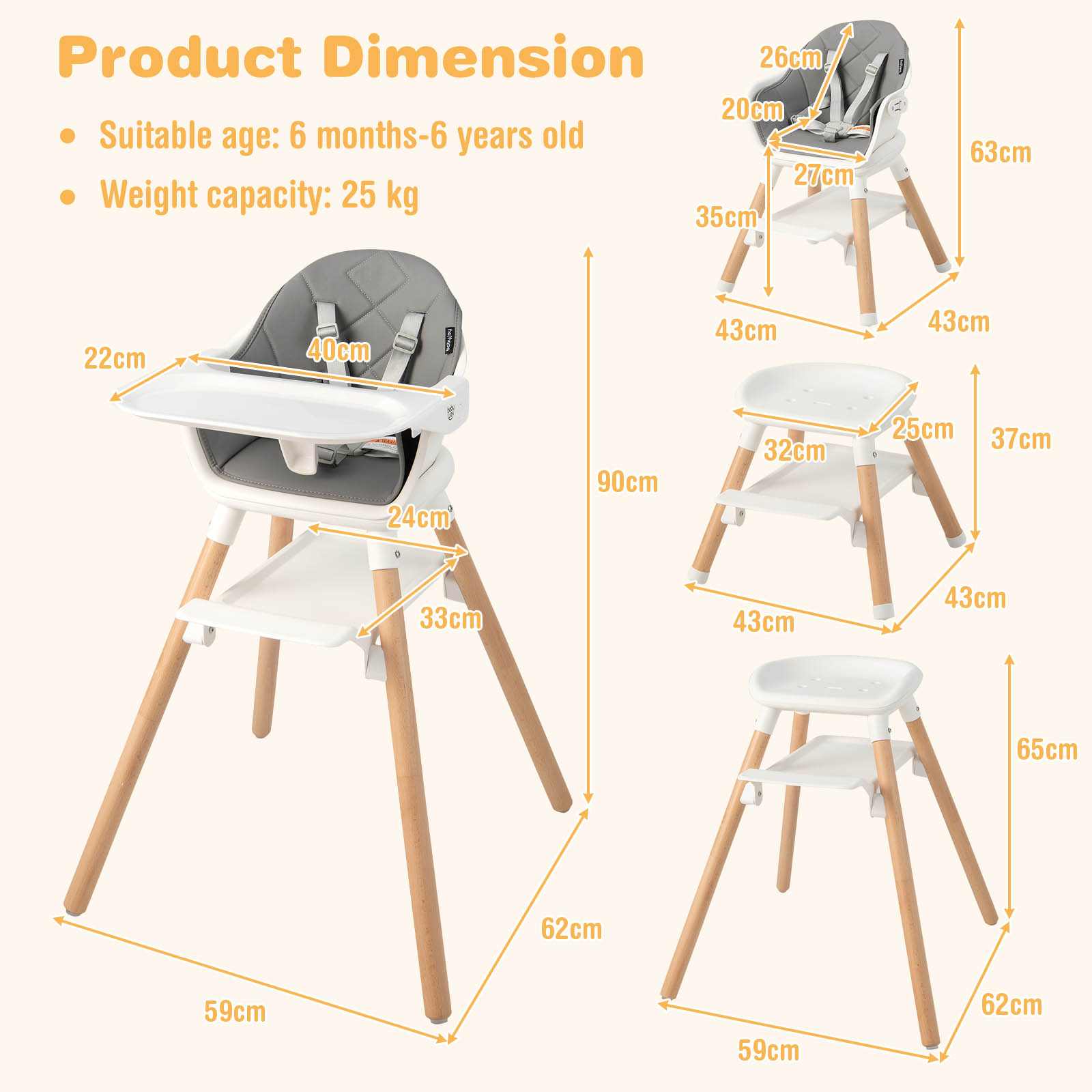 Baby Joy 6in1 Convertible Feeding High Chair with Double Trays