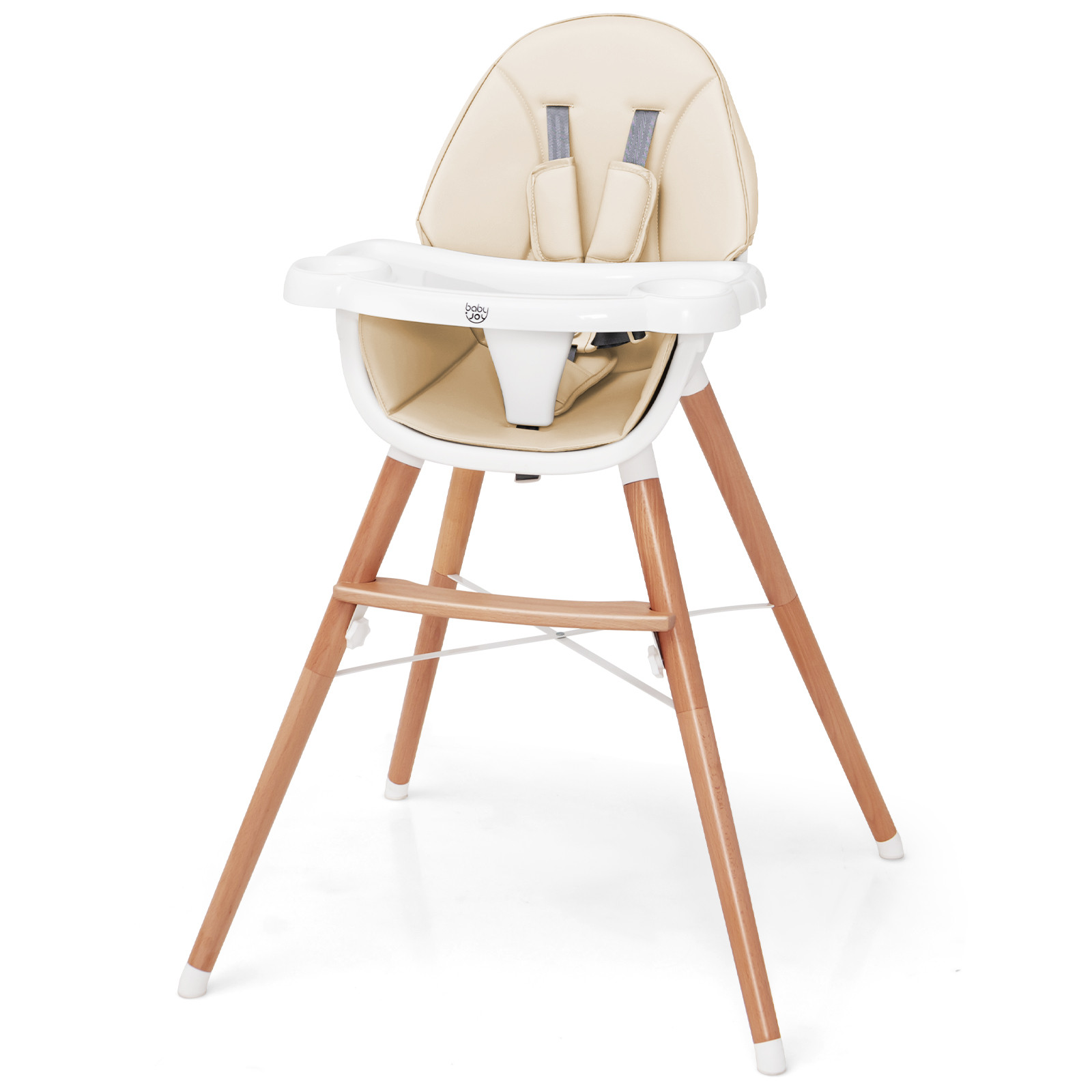 Baby Joy Wooden High Chair with 4 Gear Double Tray Beige Highchairs Baby Bunting AU