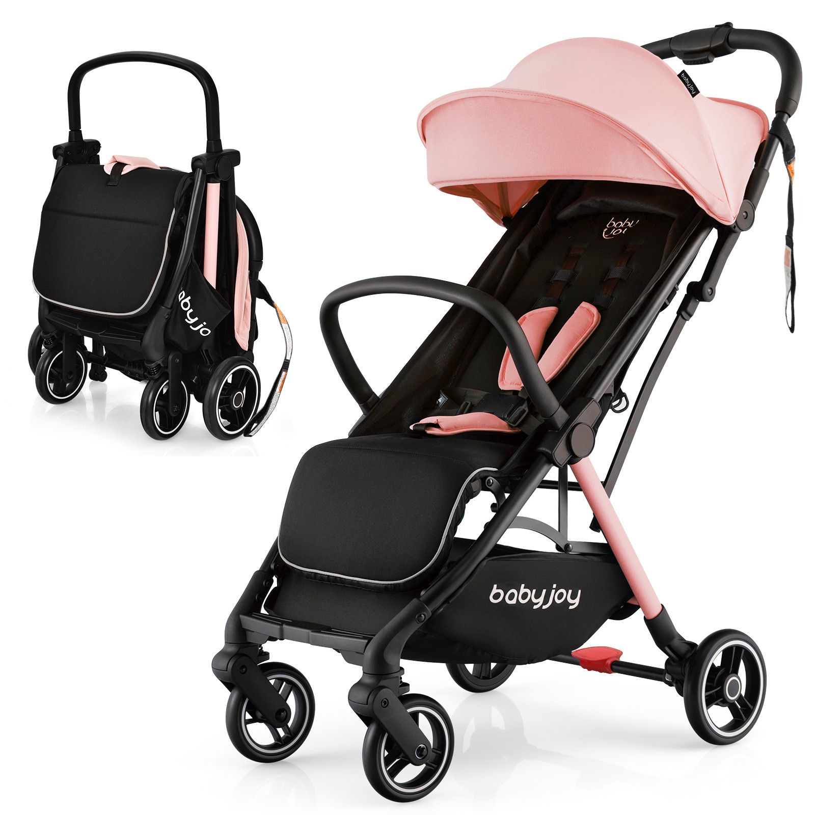 Baby Joy Folding Compact Travel Stroller Jogger w Adjustable Backrest Pink Strollers Baby Bunting AU