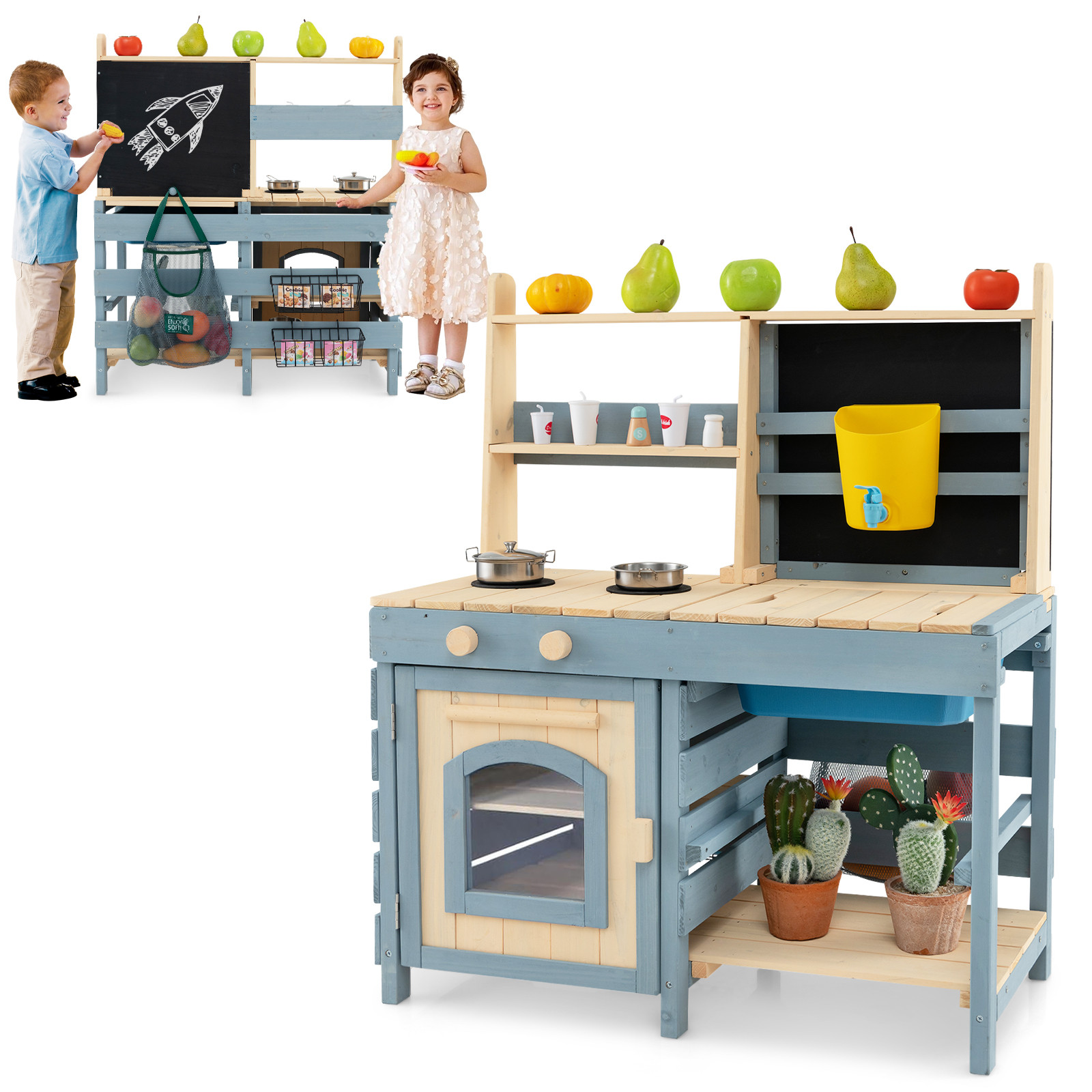 Baby Joy Outdoor 2-in-1 Mud Kitchen Play Set with Chalkboard