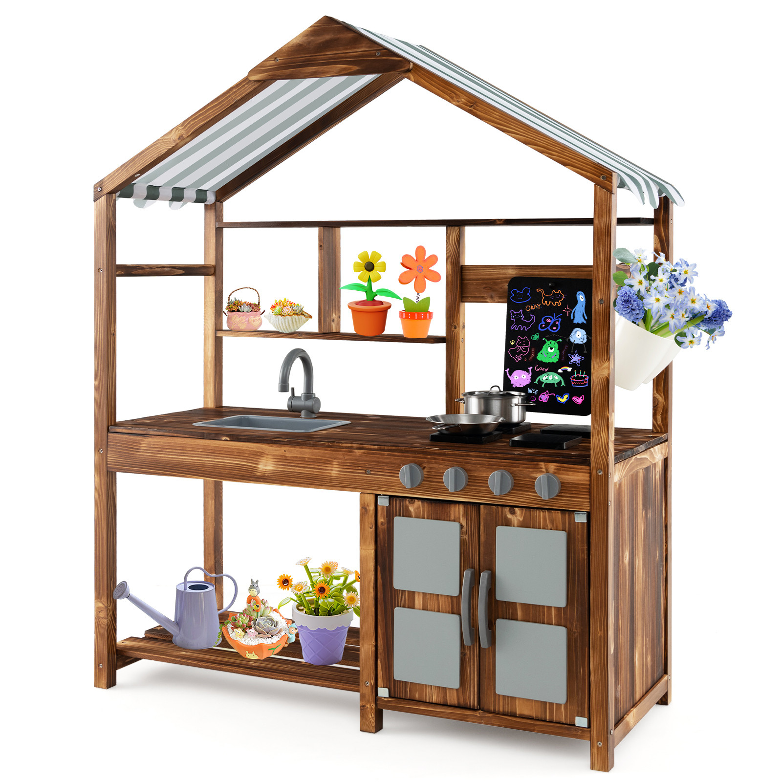 Baby Joy Wooden Mud Outdoor Kitchen Playset with Roof