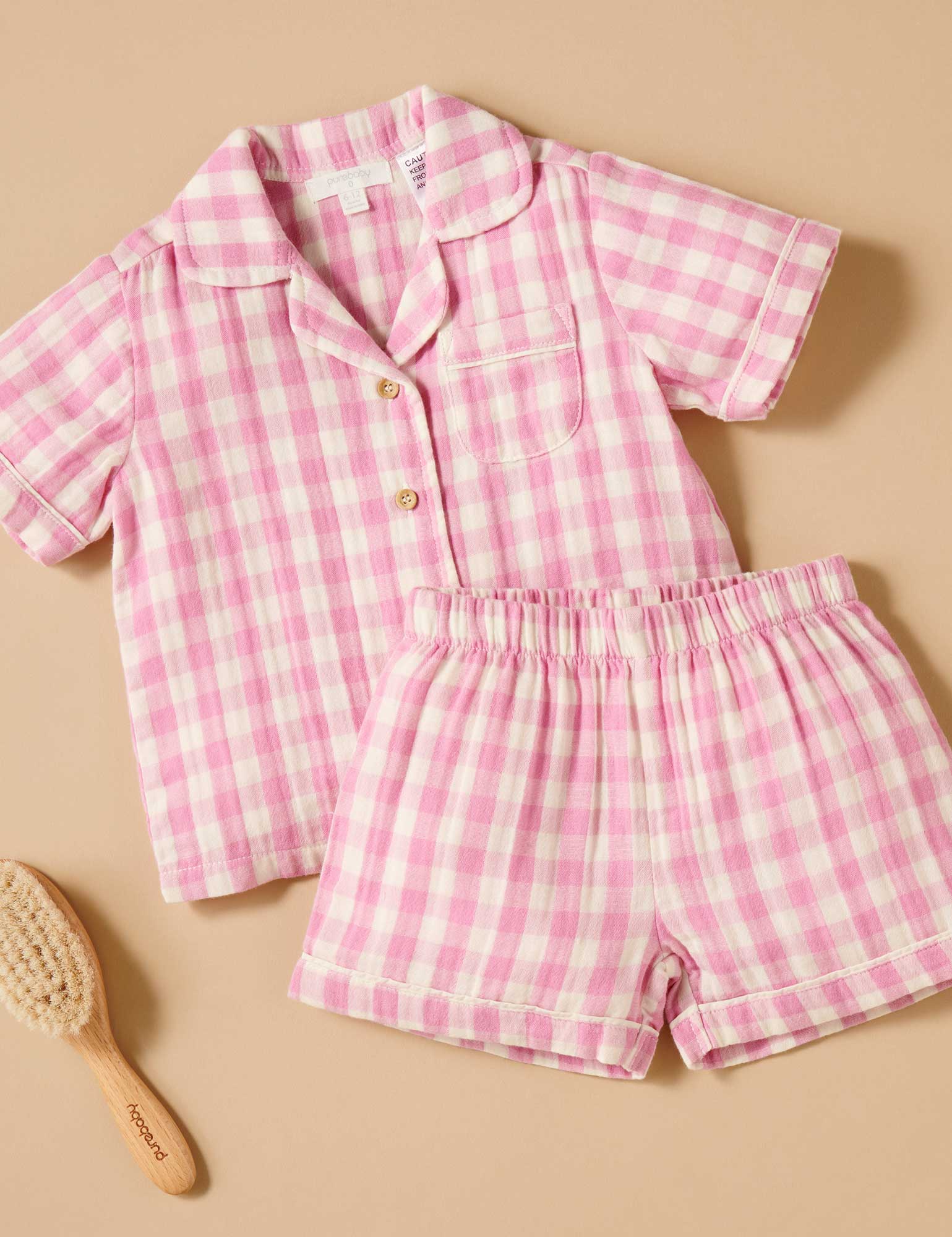 Purebaby Short Crinkle PJ Set Passionfruit Gingham Baby Clothes Sets