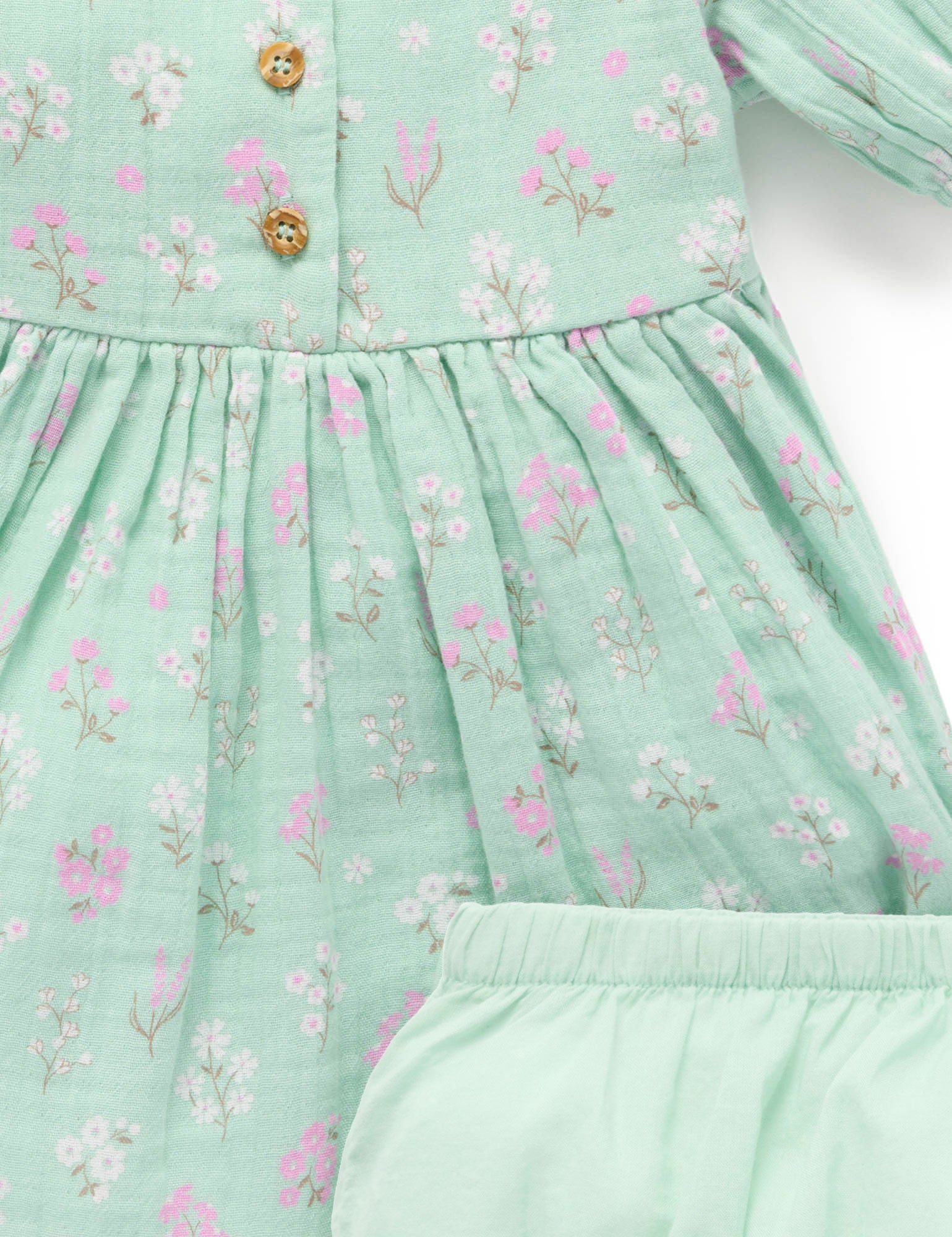 Purebaby Gathered Dress Seafoam Floral Baby Dresses Baby Bunting AU