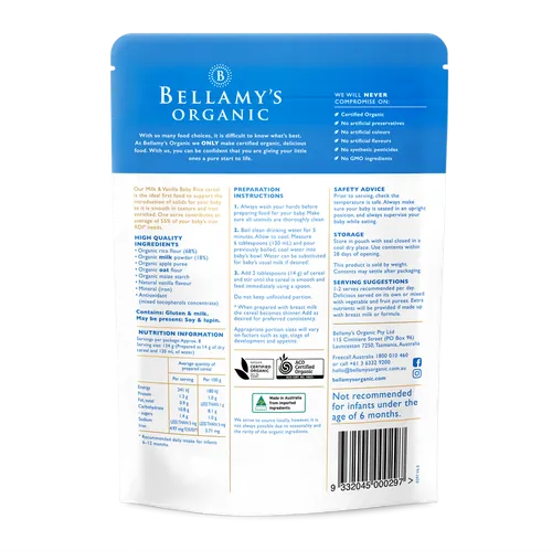 Bellamy's Organic Milk Vanilla Baby Rice 125g Baby Bunting AU