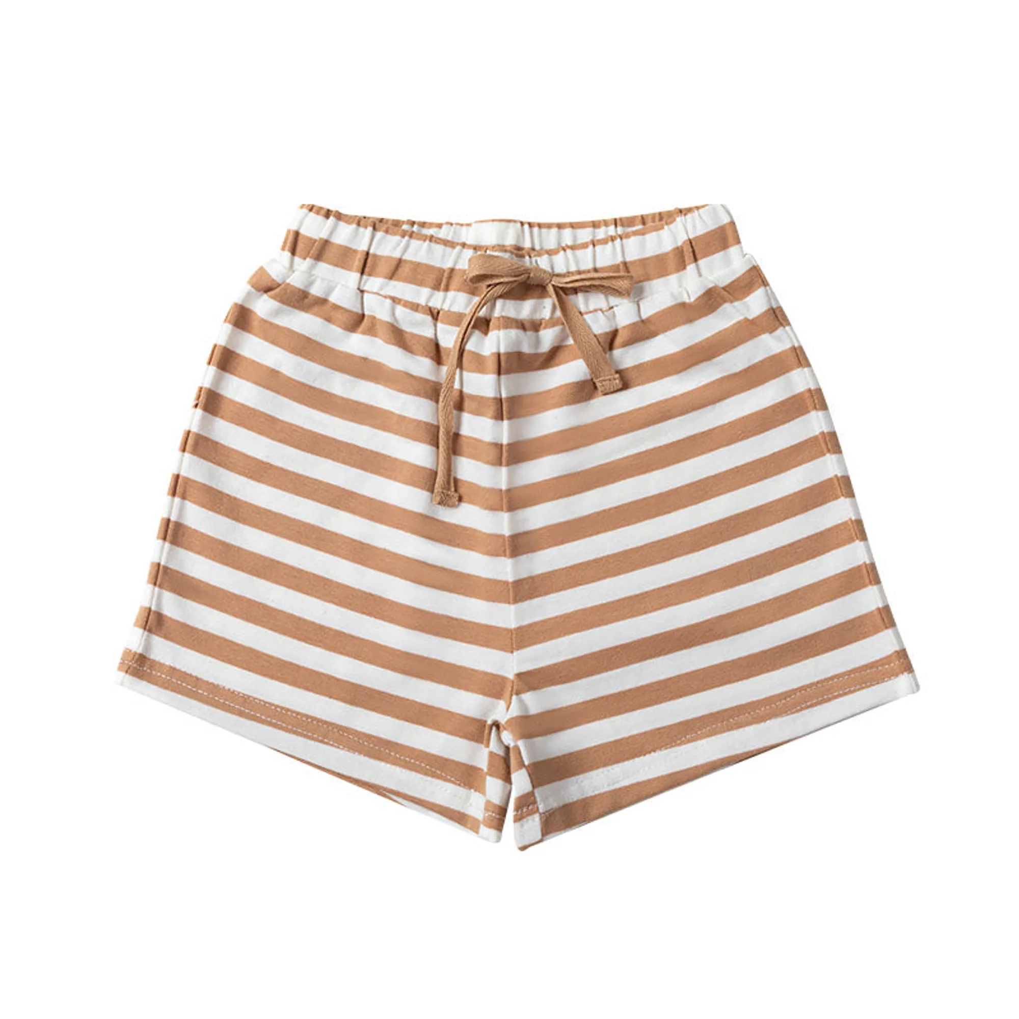 Ponchik Babies + Kids Boxey Cotton Shorts with Elastic Waist + Contrast Drawstring - Wheat Stripe