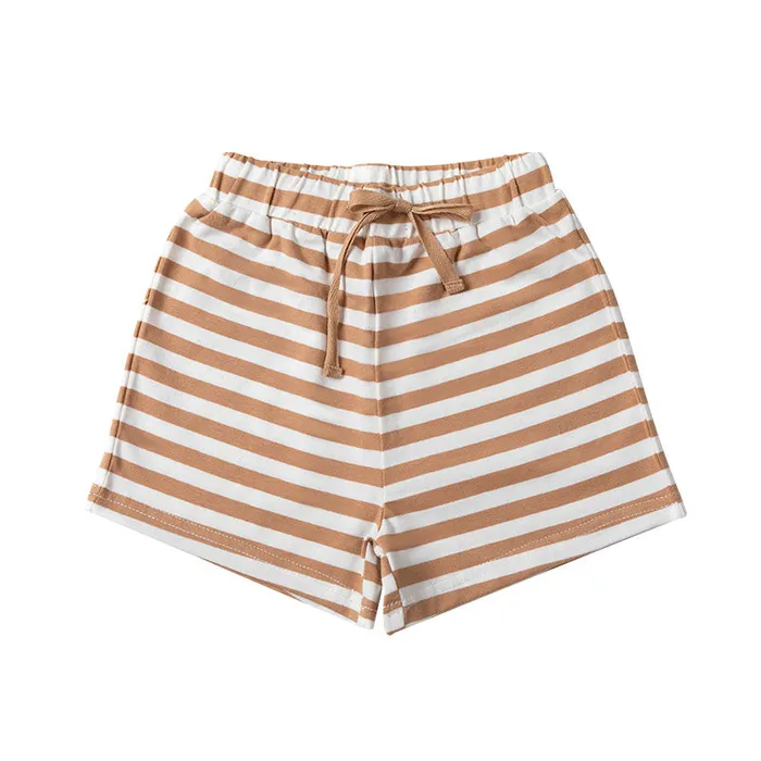 Ponchik Babies + Kids Boxey Cotton Shorts with Elastic Waist + Contrast Drawstring - Wheat Stripe