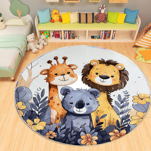 La Grace Home Ultra Soft Plush Kids Round Rug - Tiger, Giraffe and Koala