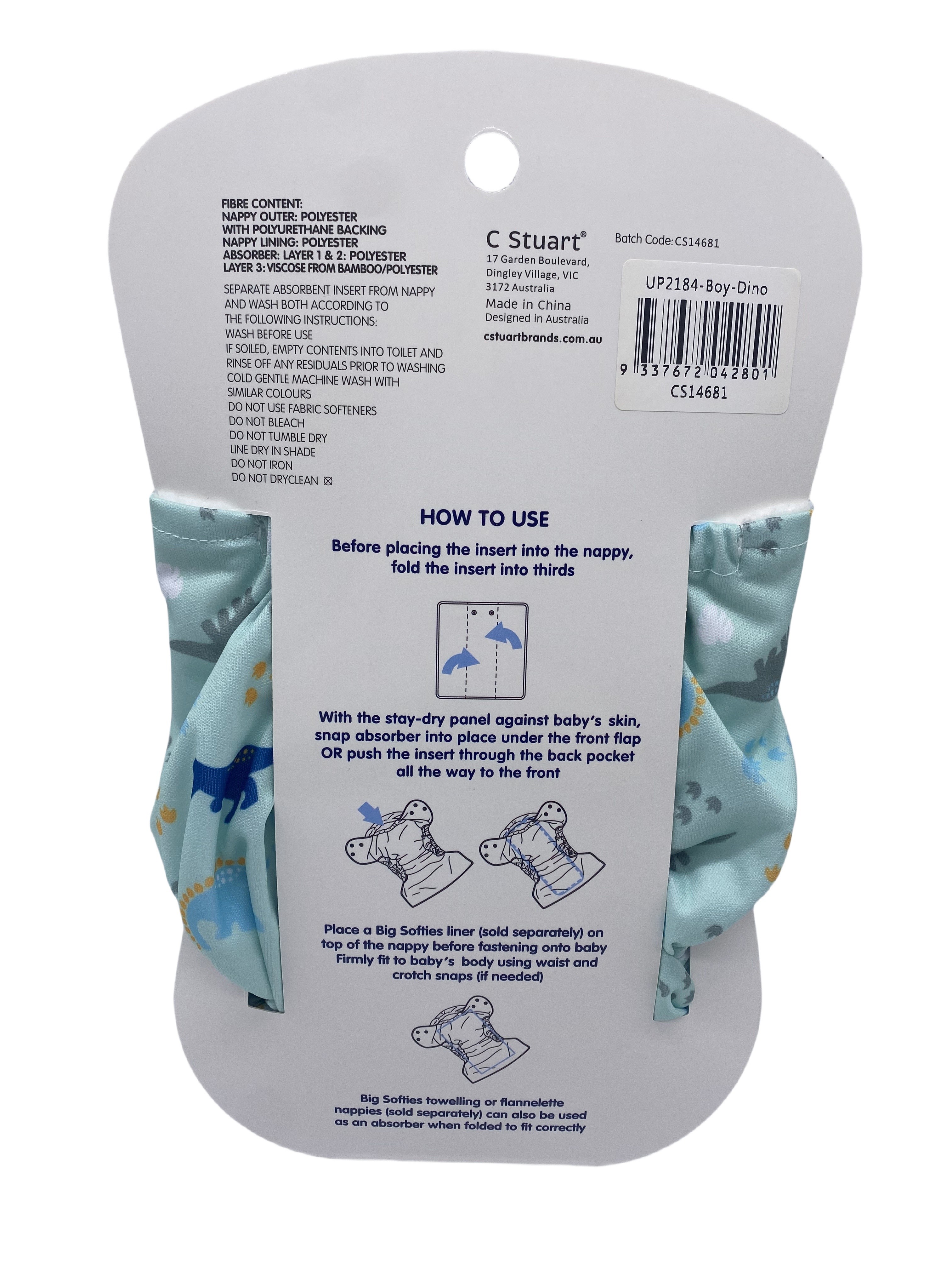 Big Softies Reusable Nappy with Insert Absorber Dino Baby