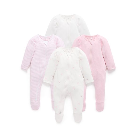 Purebaby 4 Pack Zip Growsuit Bear - Pale Pink