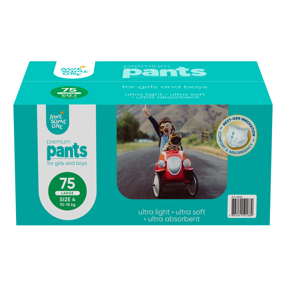 Awesome One Size 4 75PK Ultra Absorbent Hypoallergenic Baby Nappy Pants